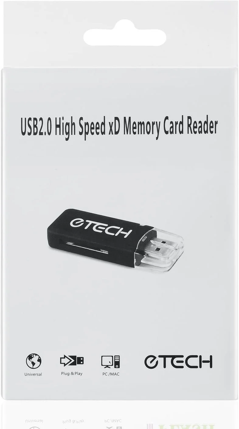 کارت خوان حافظه xD با سرعت بالا eTECH USB2.0 رنگ مشکی، پشتیبانی از کارت های تصویر Olympus و Fuji XD با ظرفیت 1GB و 2GB