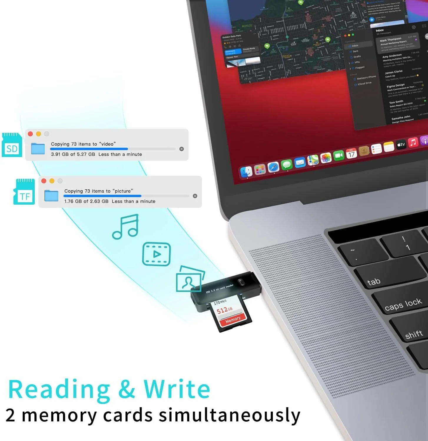 کارت خوان USB 3.0 SD/TF - آداپتور کارت حافظه چندگانه با سرعت بالا برای کامپیوتر، لپ تاپ، تلفن