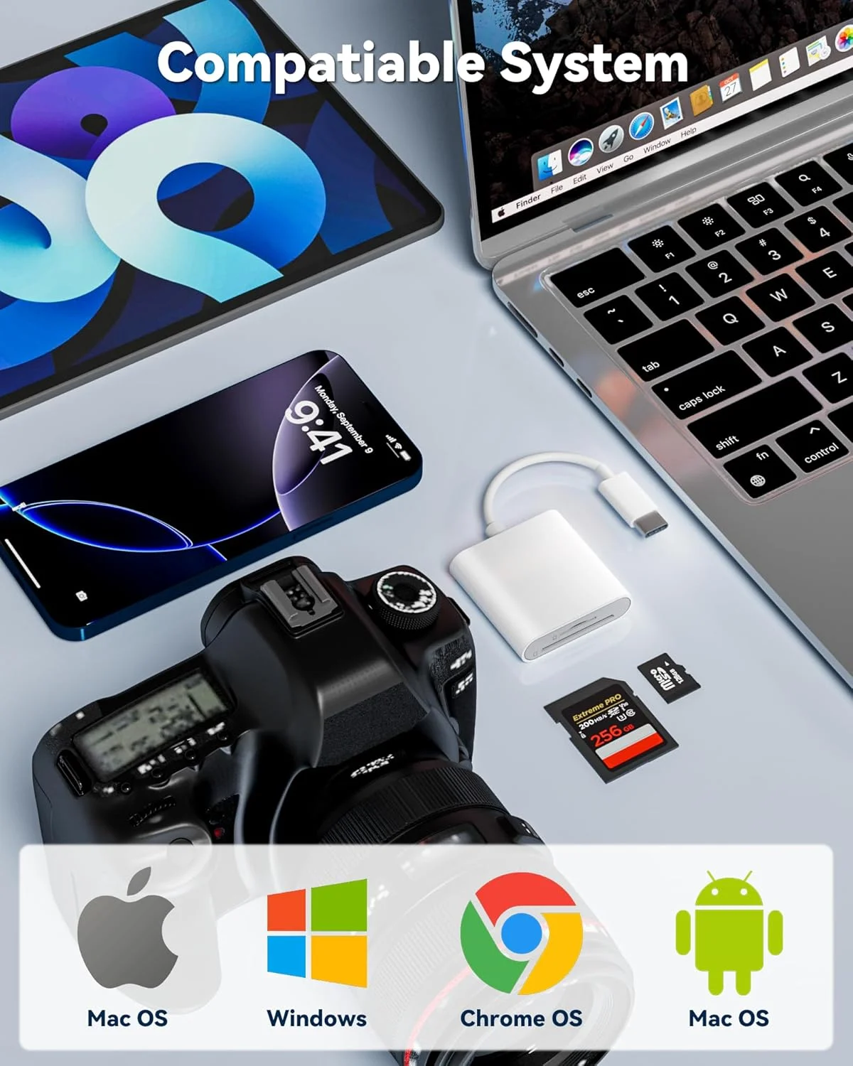 کارت خوان USB-C برای کارت های SD، دو اسلات برای کارت های SD/MicroSD، آداپتور کارت SD نوع C سازگار با آیفون، پد، لپ تاپ، نمایشگر دوربین تریل کارت حافظه، اتصال و پخش