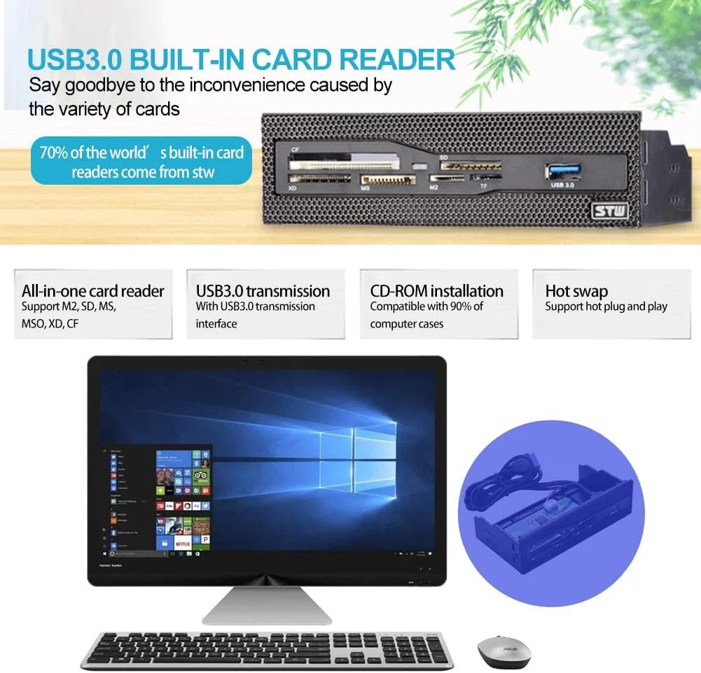 پنل جلویی کامپیوتر USB 2.0 کارت خوان داخلی کامپیوتر داشبورد کامپیوتر مناسب برای جایگاه درایو 5.25 اینچی، پشتیبانی از کارت M2، MS، XD، CF، TF