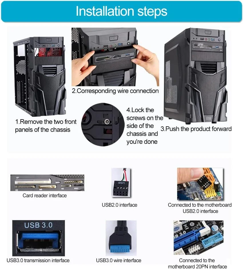 پنل جلویی کامپیوتر USB 2.0 کارت خوان داخلی کامپیوتر داشبورد کامپیوتر مناسب برای جایگاه درایو 5.25 اینچی، پشتیبانی از کارت M2، MS، XD، CF، TF