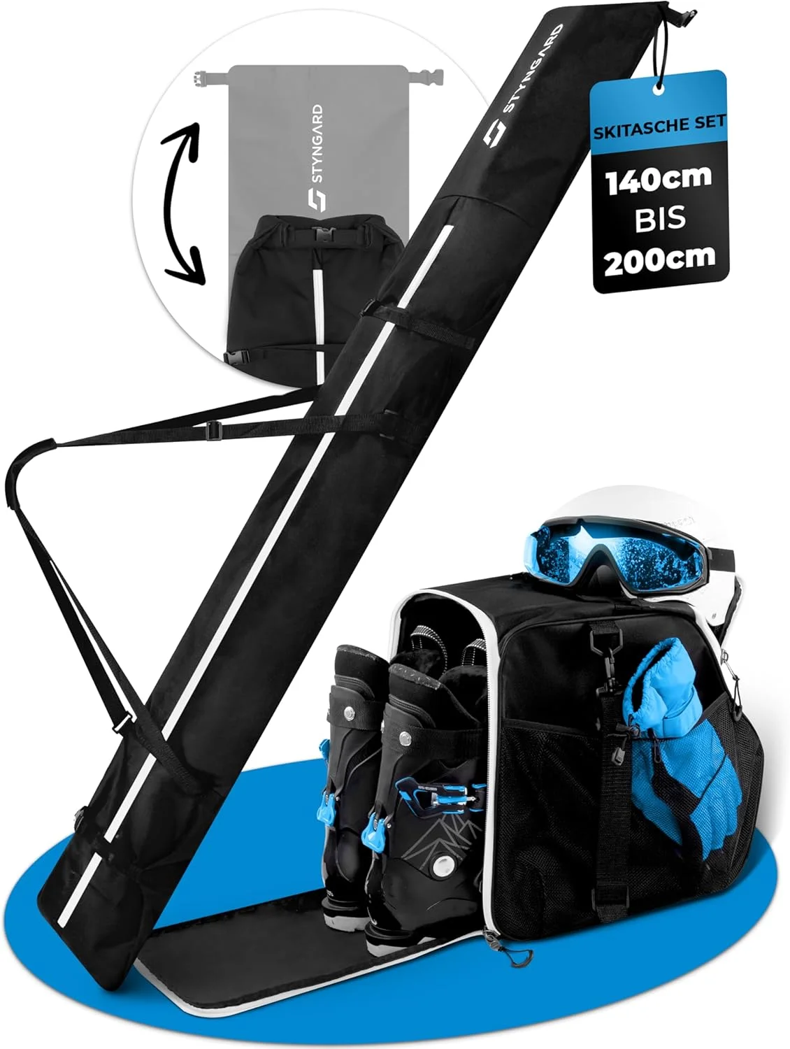 ست کیف اسکی STYNGARD شامل کیف اسکی [140 سانتی متر تا 200 سانتی متر] و کیف کفش اسکی با محفظه کلاه [40 لیتر] - کیف اسکی و کیف چکمه با توری تهویه مدل ونکوور