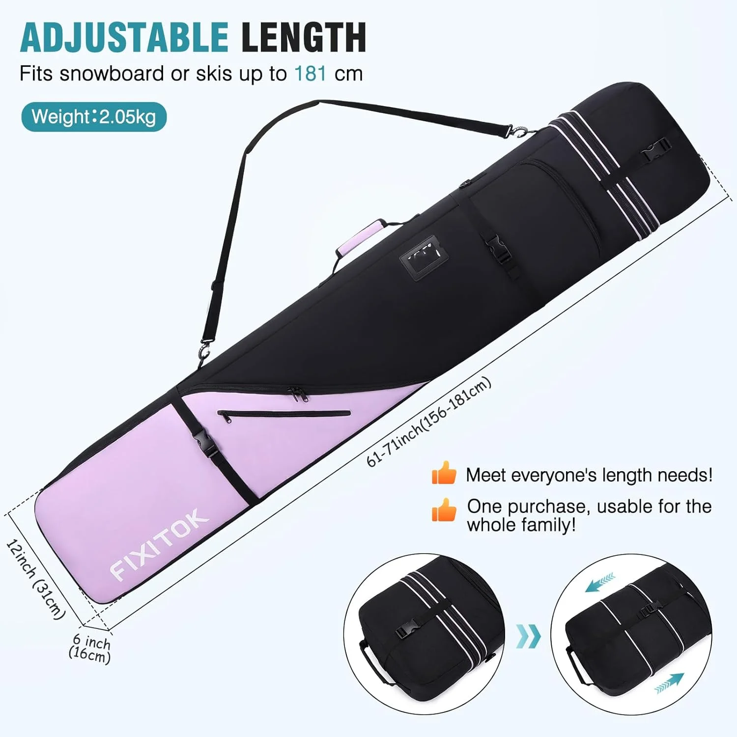 کیف اسنوبرد و اسکی مناسب حمل و نقل هوایی، کیف اسنوبرد ضد آب با لایه گذاری کامل برای تخته، چکمه، لباس، کلاه ایمنی و تجهیزات، کیف اسکی با طول قابل تنظیم (157 سانتی متر - 181 سانتی متر)
