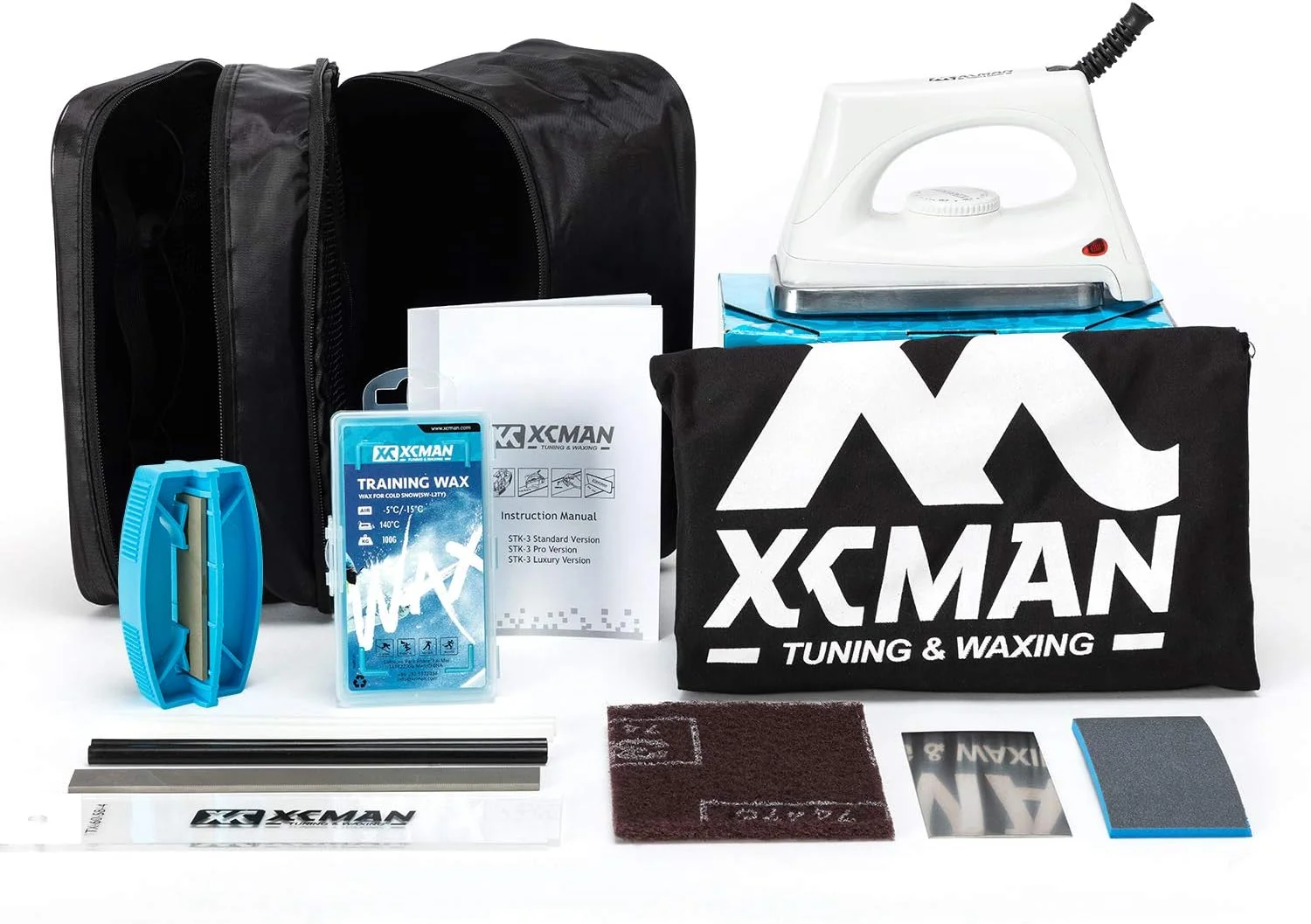 مجموعه کامل تیونینگ و واکس اسکی و اسنوبرد XCMAN با اتو واکس، واکس یونیورسال، تیز کننده لبه، برس، کاردک واکس، Ptex