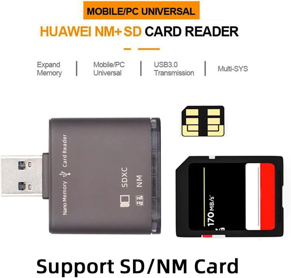 آداپتور کارت خوان USB 3.0 به کارت حافظه NM Nano و کارت SD مدل Xiwai با پورت دوگانه برای گوشی های سری Mate، دوربین و لپ تاپ