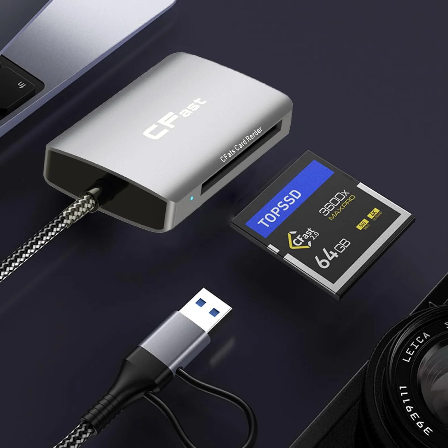 کارت خوان CFast 2.0، پورت USB 3.0 یا USB C، آداپتور کارت حافظه آلومینیومی قابل حمل CFast 1 به 2، سازگار با: Windows/Mac/Linux/Android/ChromeOS و غیره