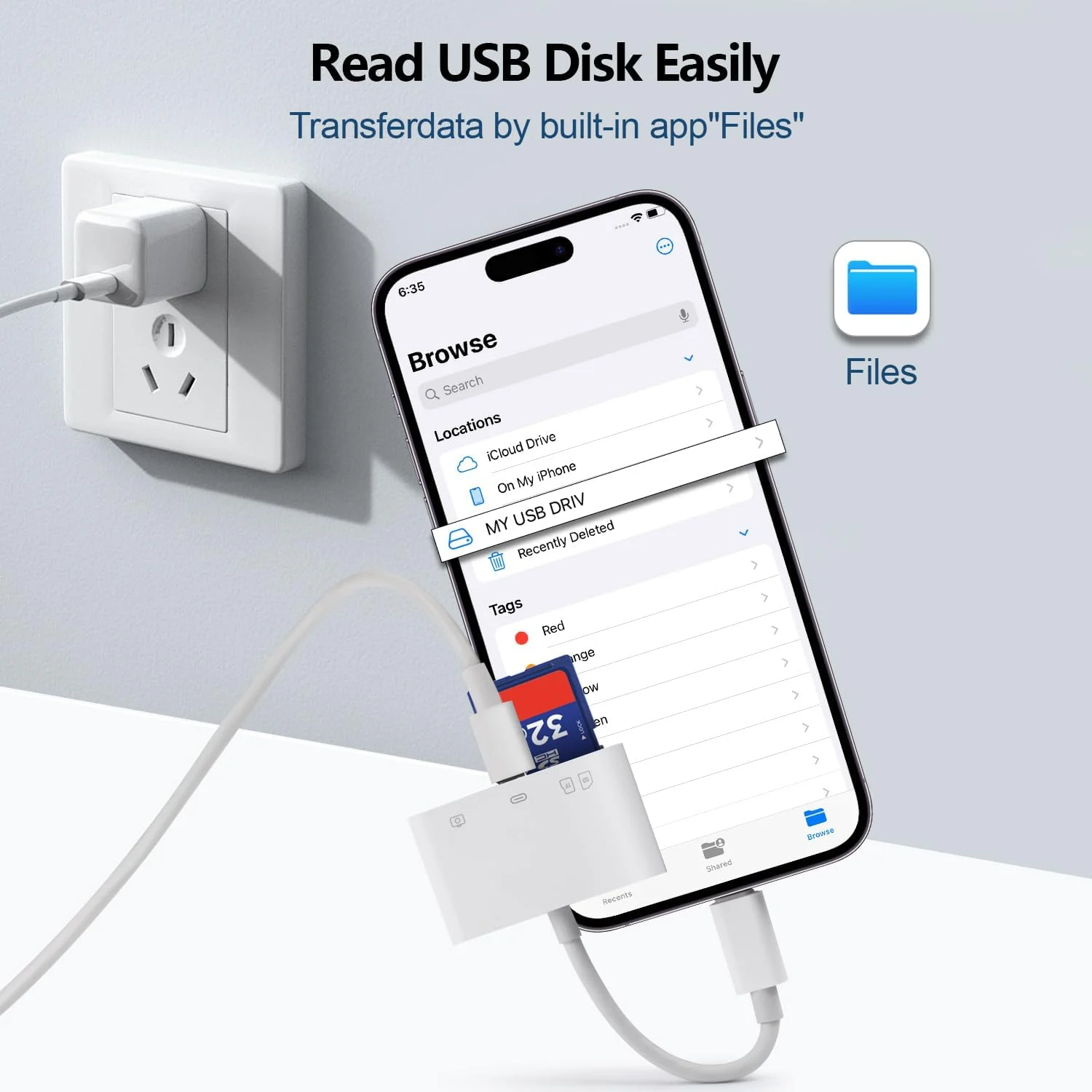 کارت‌خوان SD برای آیفون ۱۵-۱۷، کارت‌خوان USB C 4-در-1 آیفون با ۳ درگاه SD/TF/USB-A و درگاه شارژ، نمایشگر کارت دوربین دیجیتال تریل برای لپ‌تاپ مک‌بوک و تلفن اندروید، بدون نیاز به نصب