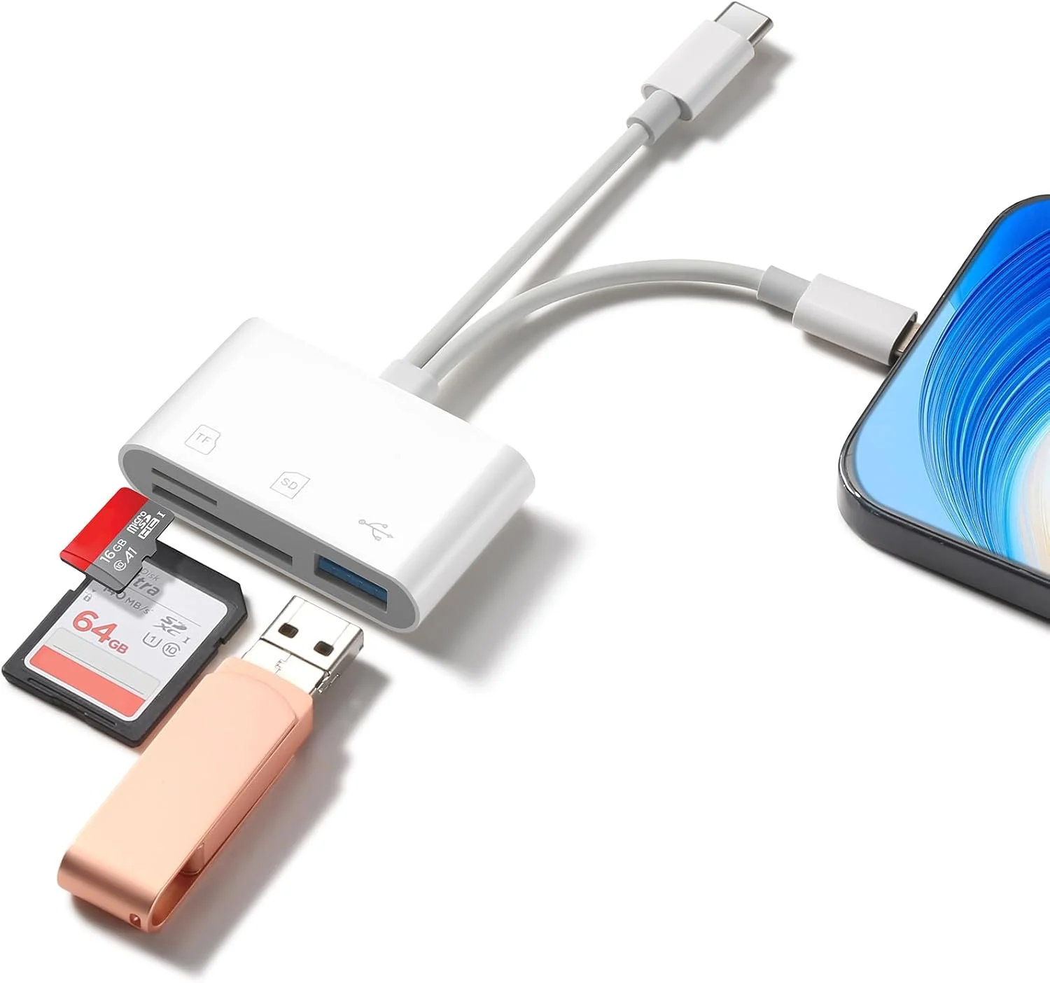 کارت خوان SD برای آیفون و اندروید، کارت خوان حافظه دارای دو پورت iOS و USB C با 3 درگاه USB-A/SD/MicroSD، بدون نیاز به نصب برنامه، اتصال و استفاده آسان کارت خوان SD برای آیفون و اندروید، کارت خوان حافظه دارای دو پورت iOS و USB C با 3 درگاه USB-A/SD/MicroSD، بدون نیاز به نصب برنامه، اتصال و استفاده آسان