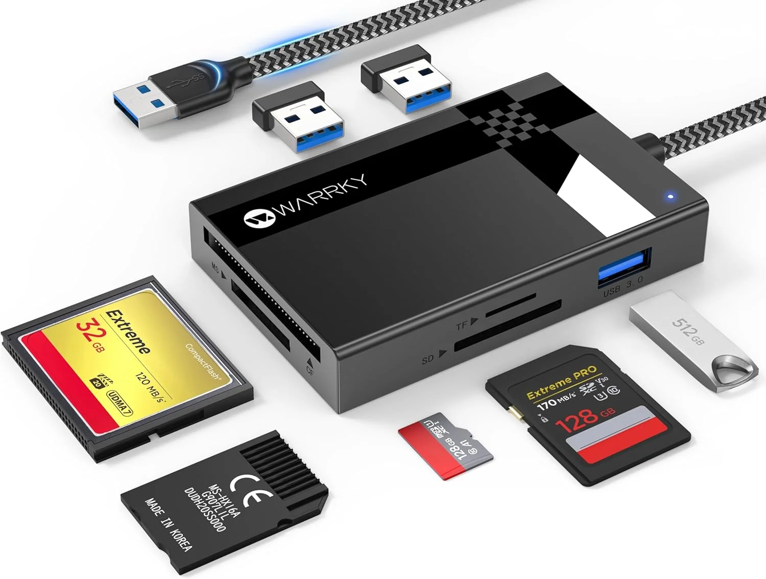 کارت خوان SD USB 3.0، WARRKY [بافت نایلونی 75 سانتی متری، پورت های USB 3.0 اضافی، 5 گیگابیت بر ثانیه] کارت خوان حافظه 7 در 1، آداپتور کارت Micro SD برای microSD، SDXC، SDHC، CF، MS، MMC، Micro SDXC/SDHC، UHS-I و غیره
