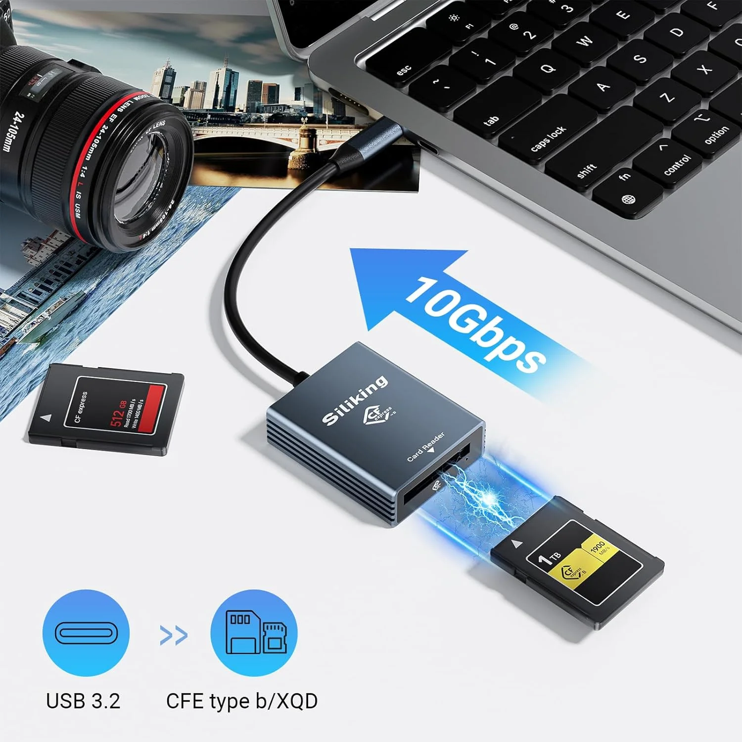 کارت خوان فوق سریع CFexpress Type B | USB 3.1 Gen2 با سرعت 10 گیگابیت بر ثانیه | سازگاری جهانی برای کارت های CF، XQD، CF Express | اتصال آسان با USB-C & A | طراحی جمع و جور و قابل حمل برای عکاسان کارت خوان فوق سریع CFexpress Type B | USB 3.1 Gen2 با سرعت 10 گیگابیت بر ثانیه | سازگاری جهانی برای کارت های CF، XQD، CF Express | اتصال آسان با USB-C & A | طراحی جمع و جور و قابل حمل برای عکاسان