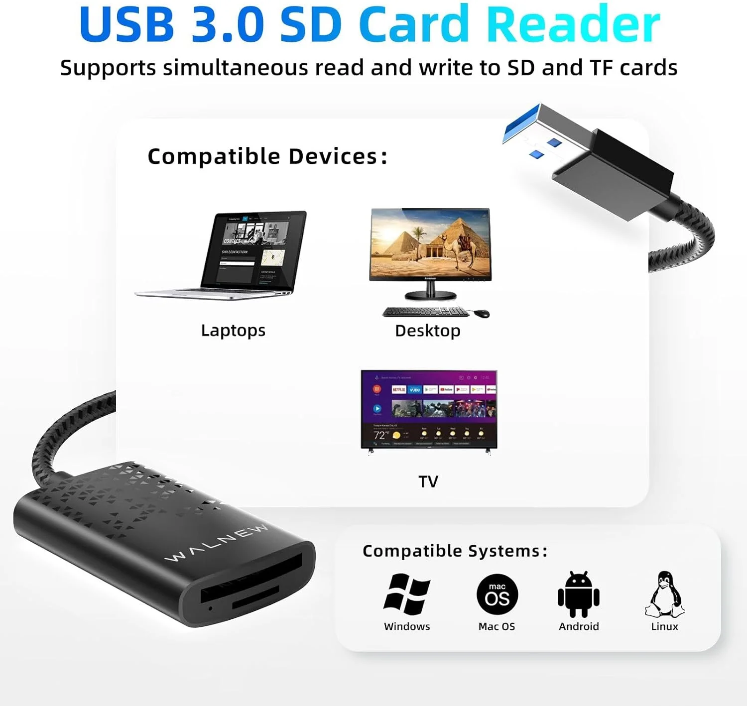 کارت خوان SD با UHS-II، کارت خوان حافظه WALNEW SD 4.0 USB 3.0 برای سیستم عامل مک، ویندوز، اندروید بر روی کامپیوتر، لپ تاپ و دوربین، آداپتور کارت SD از کارت های SD/Micro SD/SDXC/SDHC/RS-MMC/UHS-I/UHS-II پشتیبانی می کند. کارت خوان SD با UHS-II، کارت خوان حافظه WALNEW SD 4.0 USB 3.0 برای سیستم عامل مک، ویندوز، اندروید بر روی کامپیوتر، لپ تاپ و دوربین، آداپتور کارت SD از کارت های SD/Micro SD/SDXC/SDHC/RS-MMC/UHS-I/UHS-II پشتیبانی می کند.