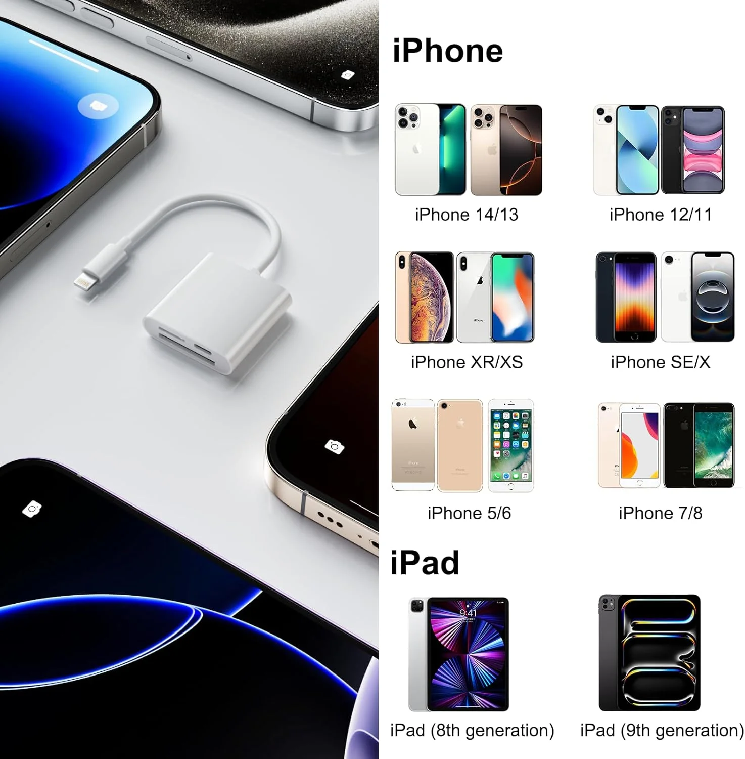 کارت خوان SD برای آیفون و آیپد، کارت خوان دوربین دیجیتال 3 در 1 با دو درگاه برای میکرو SD/SD، آداپتور کارت حافظه لایتنینگ برای عکاسی، اتصال و استفاده آسان