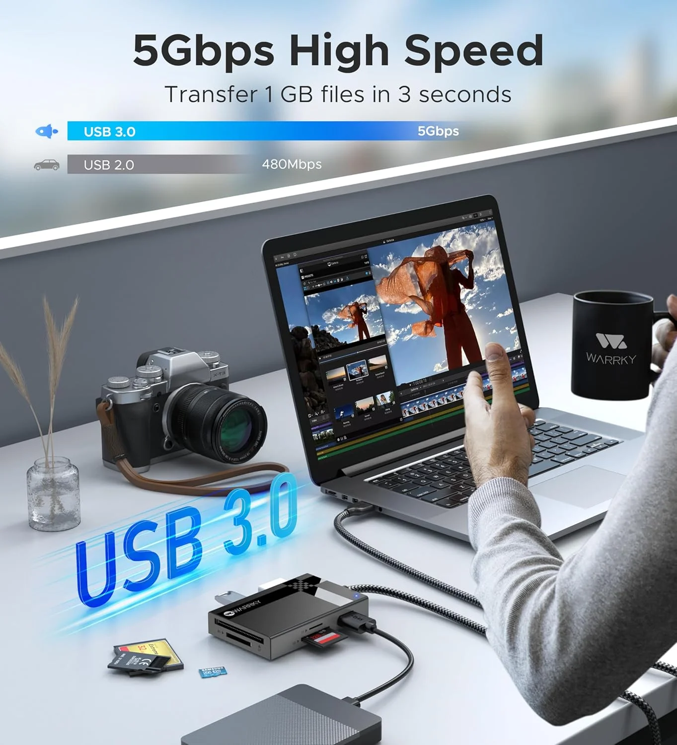 کارت خوان SD USB 3.0، WARRKY [بافت نایلونی 75 سانتی متری، پورت های USB 3.0 اضافی، 5 گیگابیت بر ثانیه] کارت خوان حافظه 7 در 1، آداپتور کارت Micro SD برای microSD، SDXC، SDHC، CF، MS، MMC، Micro SDXC/SDHC، UHS-I و غیره