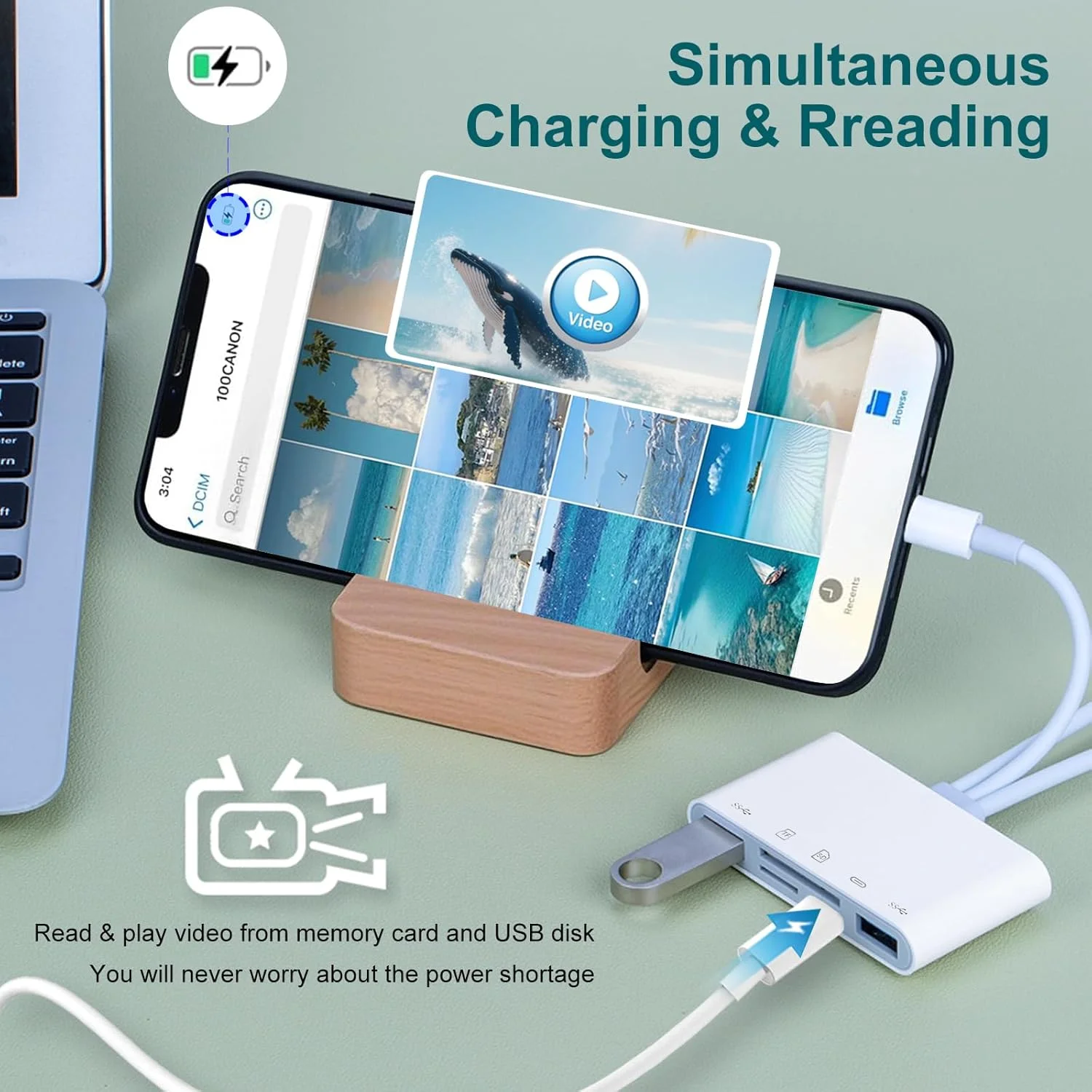 کارت خوان SD برای آیفون/آیپد، کارت خوان حافظه جهانی 5 در 1 برای کارت SD/TF/درایو USB، اتصال دهنده USB C/لایتنینگ/USB سازگار با آیفون 17/آیپد پرو/گلکسی/مک بوک/دل و غیره.