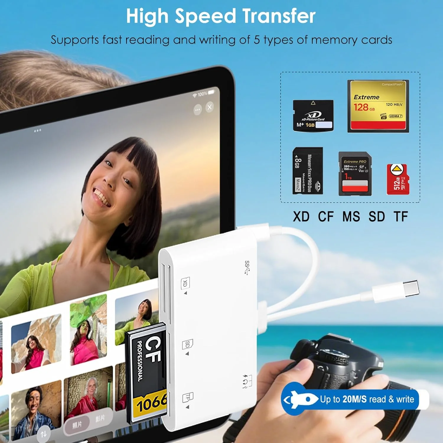 کارت خوان حافظه 9 در 1، کارت خوان جهانی برای آیفون/آیپد، کارت خوان CF/SD/MicroSD/MS/XD و آداپتور USB OTG با کانکتور USB/USB C/لایتنینگ برای آیفون 16/آیپد پرو/سامسونگ گلکسی/مک بوک و غیره