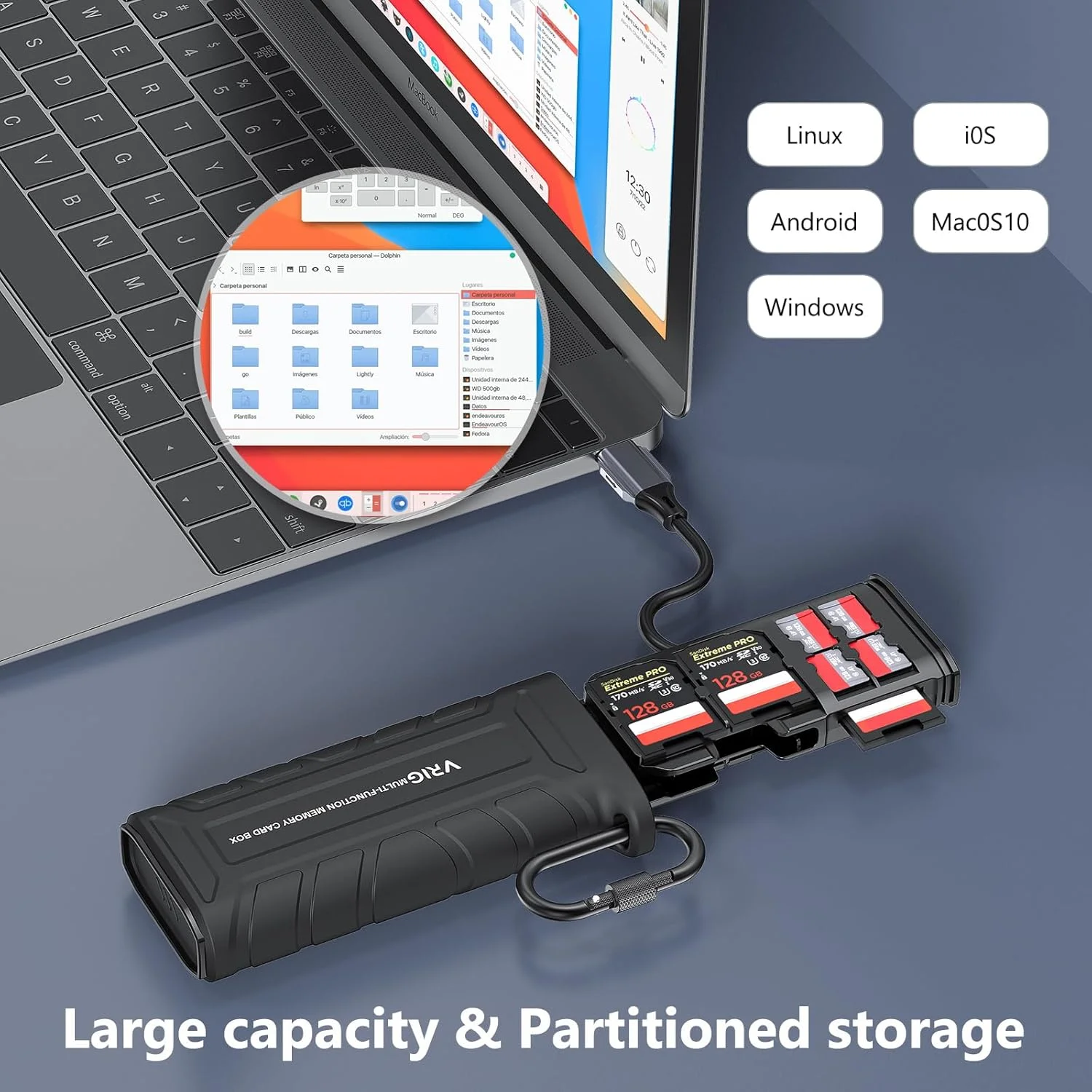 کارت خوان پرسرعت VRIG SD USB 3.1 Type-C با محفظه نگهدارنده کارت SD/TF برای دوربین ها، تلفن های هوشمند، پهپادها و دوربین های اکشن