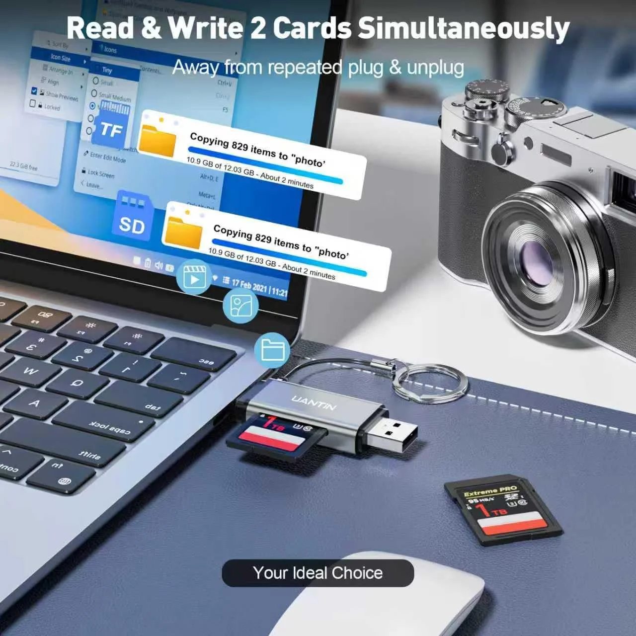 کارت خوان SD USB C، کارت خوان حافظه دو اسلاته پرسرعت، آداپتور USB 3.0 به کارت Micro SD برای SD/MicroSD/SDHC/SDXC/MMC، سازگار با آیفون 16، مک بوک پرو/ایر، آیپد پرو، گلکسی - خاکستری