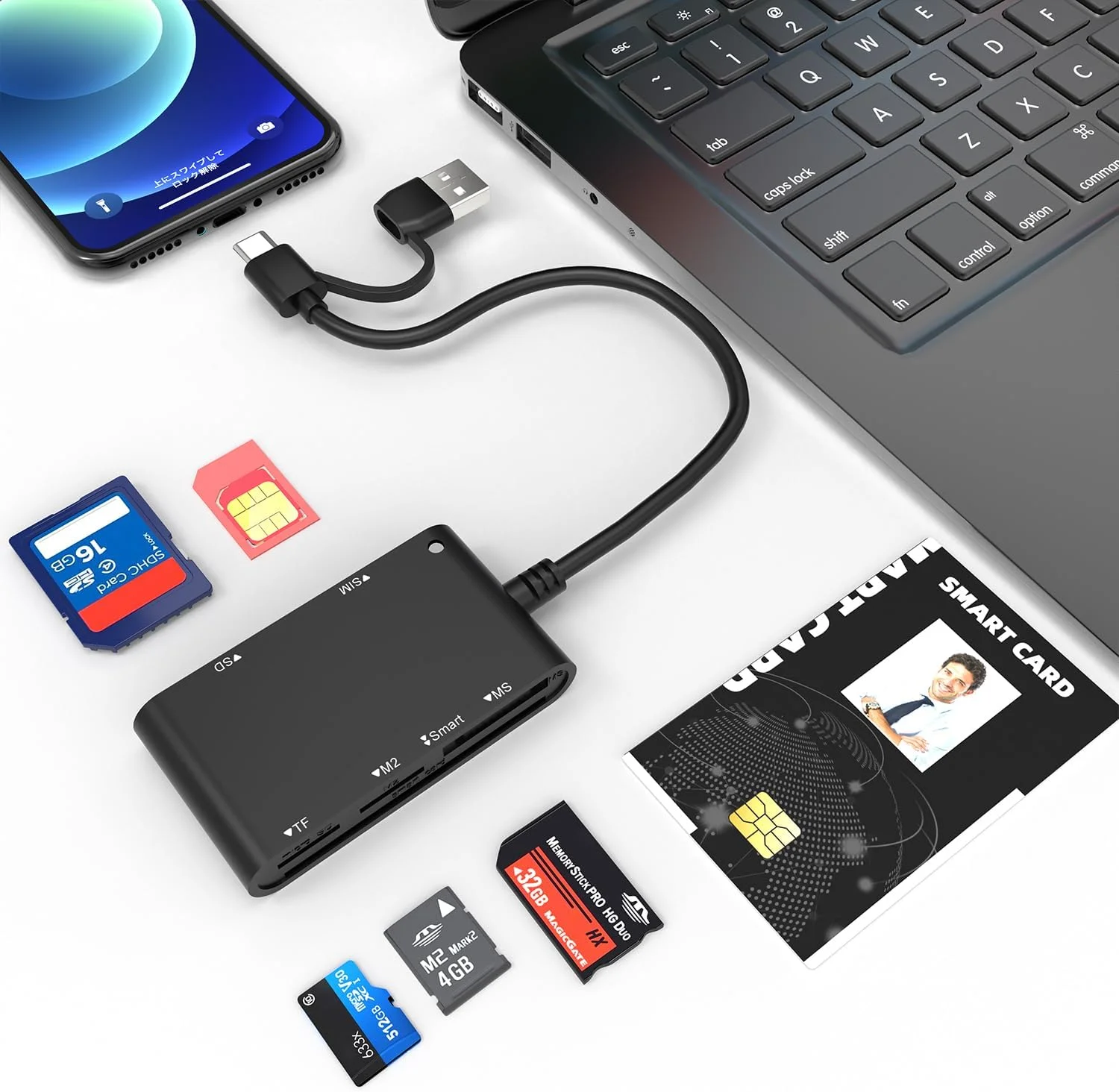 آداپتور کارت SIM USB C/A - کارت خوان هوشمند نظامی CAC 7 در 2 و آداپتور کارت خوان MS Pro Duo/SD/TF/M2/ID/IC/SIM/PIV، آداپتور Memory Stick Pro Duo برای iPhone16/15/iPad/PC/Laptop/Windows/Linux
