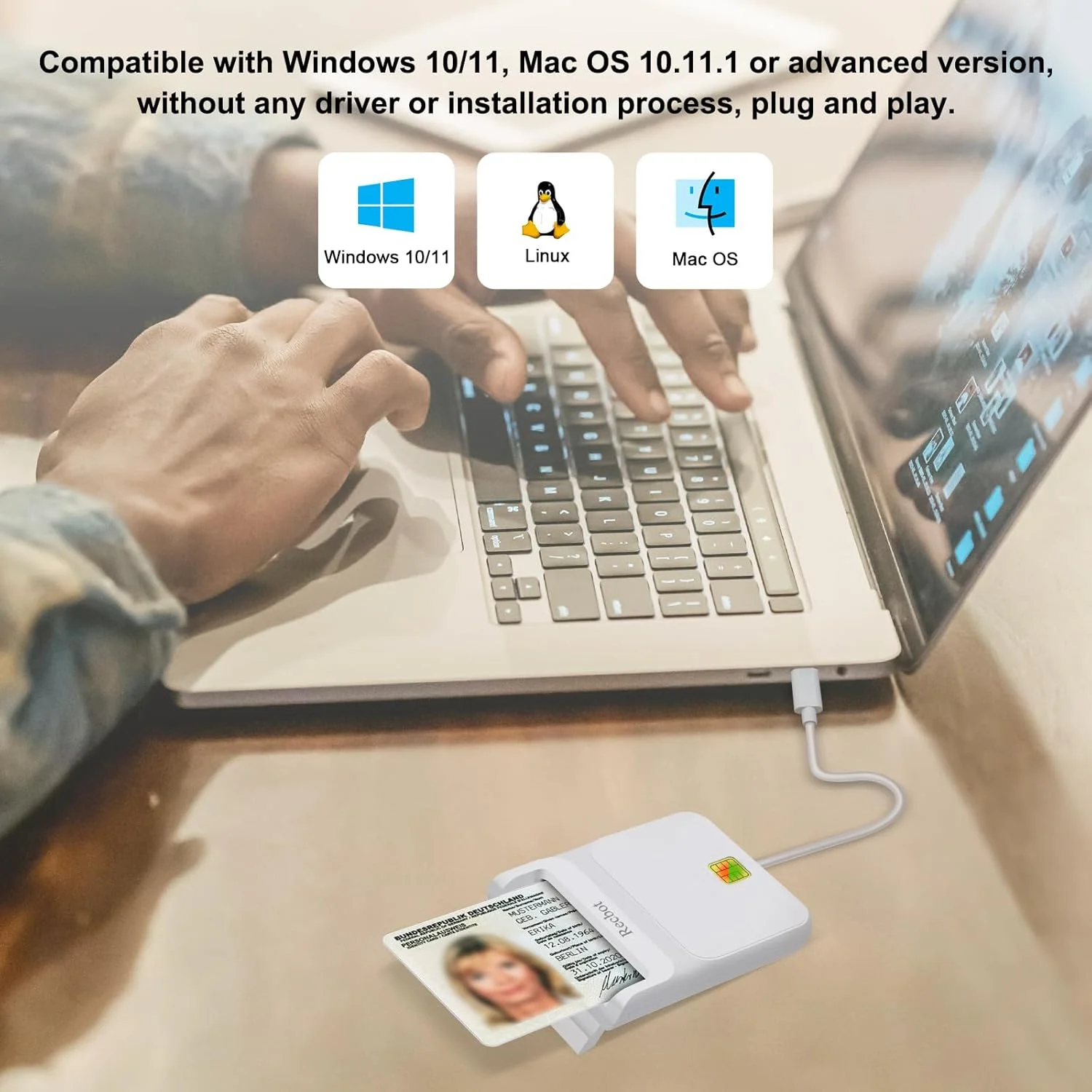 کارت خوان USB C، کارت خوان نظامی DOD، کارت خوان هوشمند USB C، سازگار با ویندوز، مک و لینوکس (سفید)