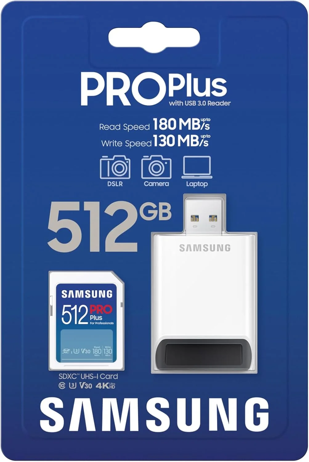 کارت حافظه SDXC سامسونگ PRO Plus با ظرفیت 512 گیگابایت به همراه کارت خوان، سرعت خواندن/نوشتن تا 180 مگابایت بر ثانیه، Full HD & 4K UHD، UHS-I، C10، U3، V30 برای دوربین های DSLR و بدون آینه، کامپیوترها، MB-SD512SB/AM، 2023