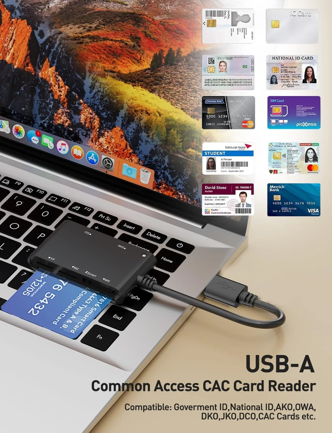 آداپتور کارت SIM برای کامپیوتر - کارت خوان هوشمند 7 در 1 CAC نظامی، کارت خوان MS Pro Duo/SD/TF/M2/ID/IC/PIV/SIM، آداپتور Memory Stick Pro Duo کارت خوان SIM برای کامپیوتر، PC، ویندوز، لینوکس، MacOS