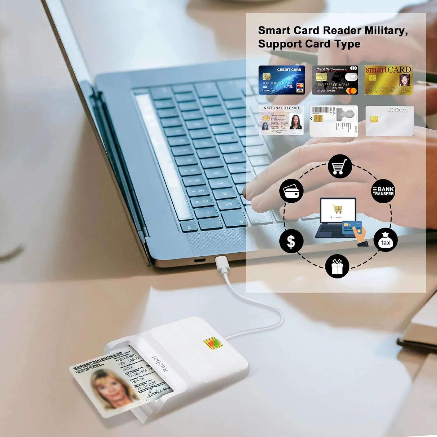 کارت خوان USB C، کارت خوان نظامی DOD، کارت خوان هوشمند USB C، سازگار با ویندوز، مک و لینوکس (سفید)