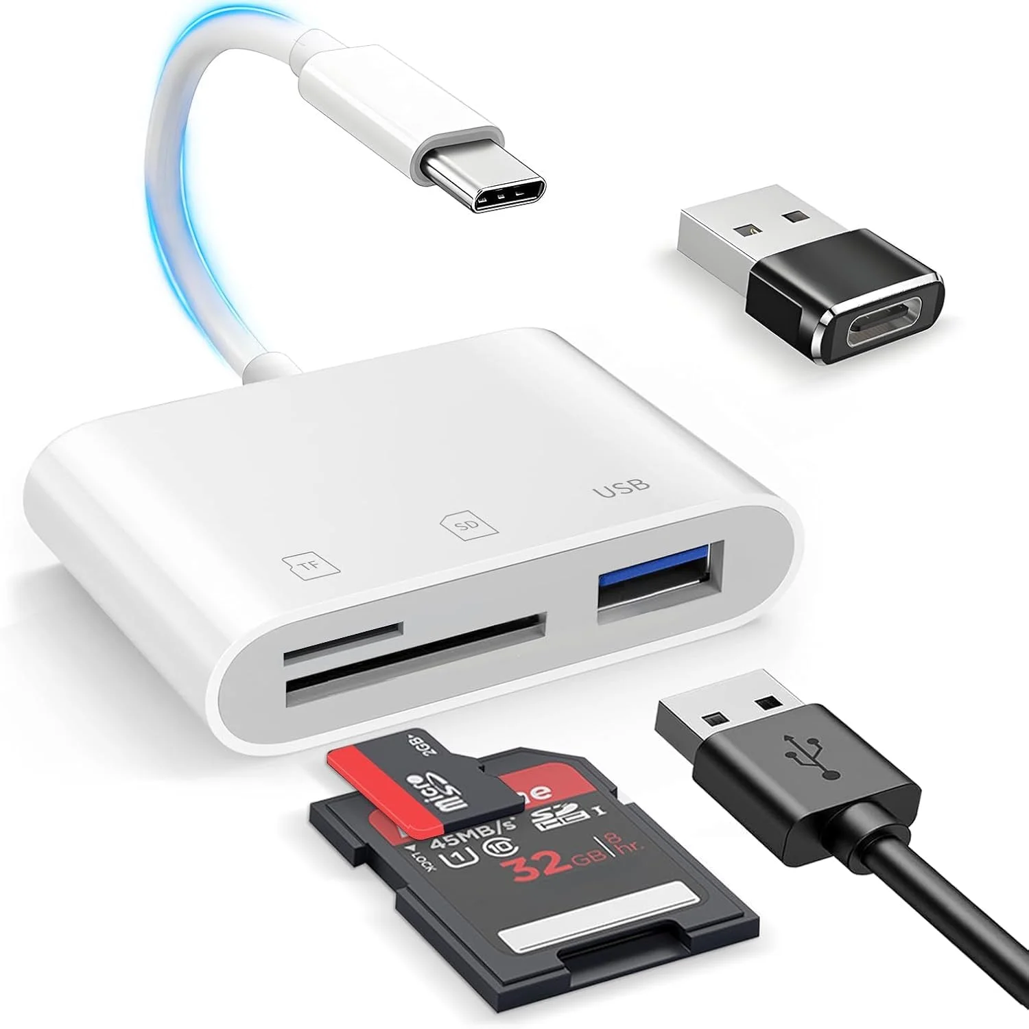 کارت خوان USB C SD، کارت خوان SD USB C برای آیفون 15 16/آیپد/مک/لپ تاپ، کارت خوان 3 در 1 SD با دو اسلات و پورت USB برای مک بوک پرو/ایر/مینی اندروید لپ تاپ و سایر دستگاه های USBC Typec