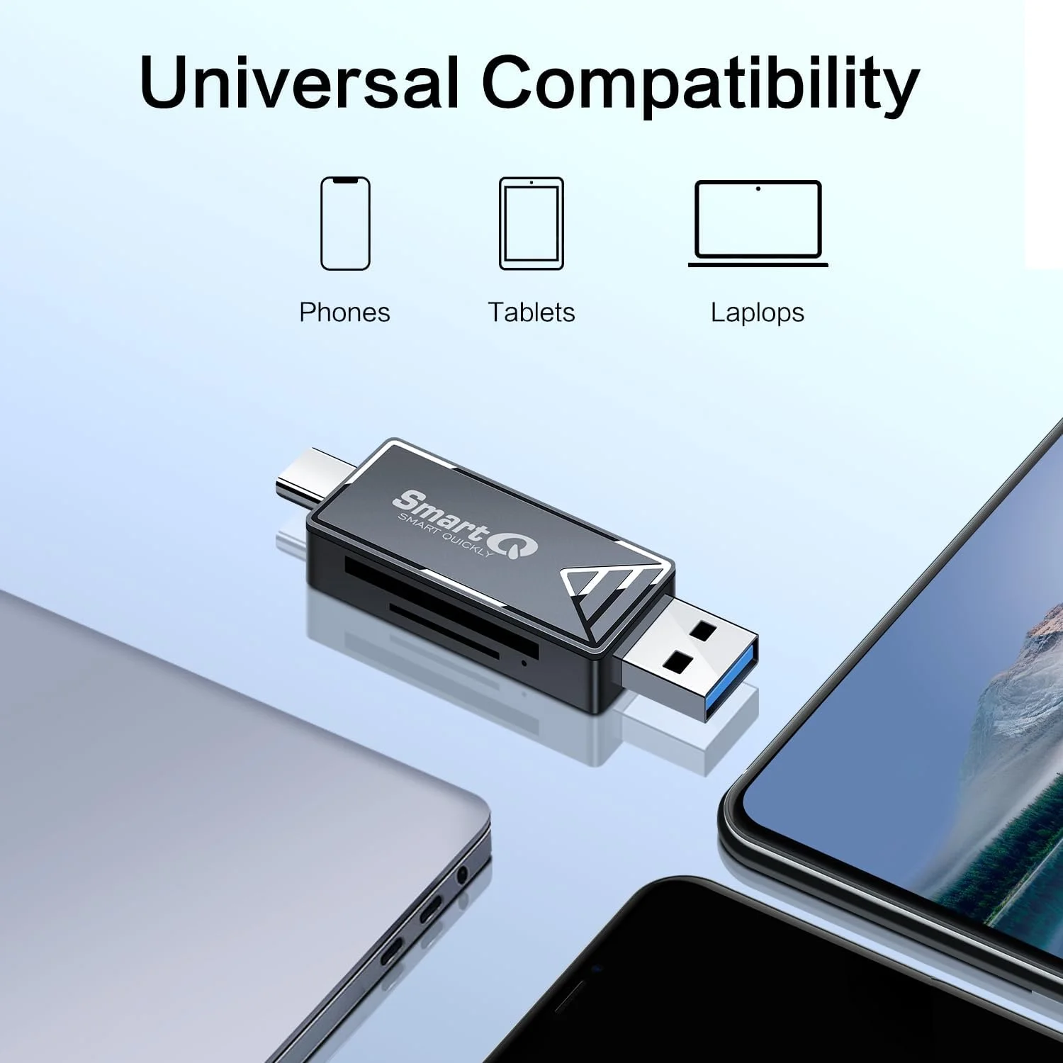 کارت خوان SD، آداپتور کارت خوان حافظه USB 2.0/USB-C دوگانه SmartQ، سازگار با SD/Micro SD/SDHC/SDXC/MMC [کارت شامل نمی شود]، مناسب برای MacBook Pro/Air، iPad Pro.