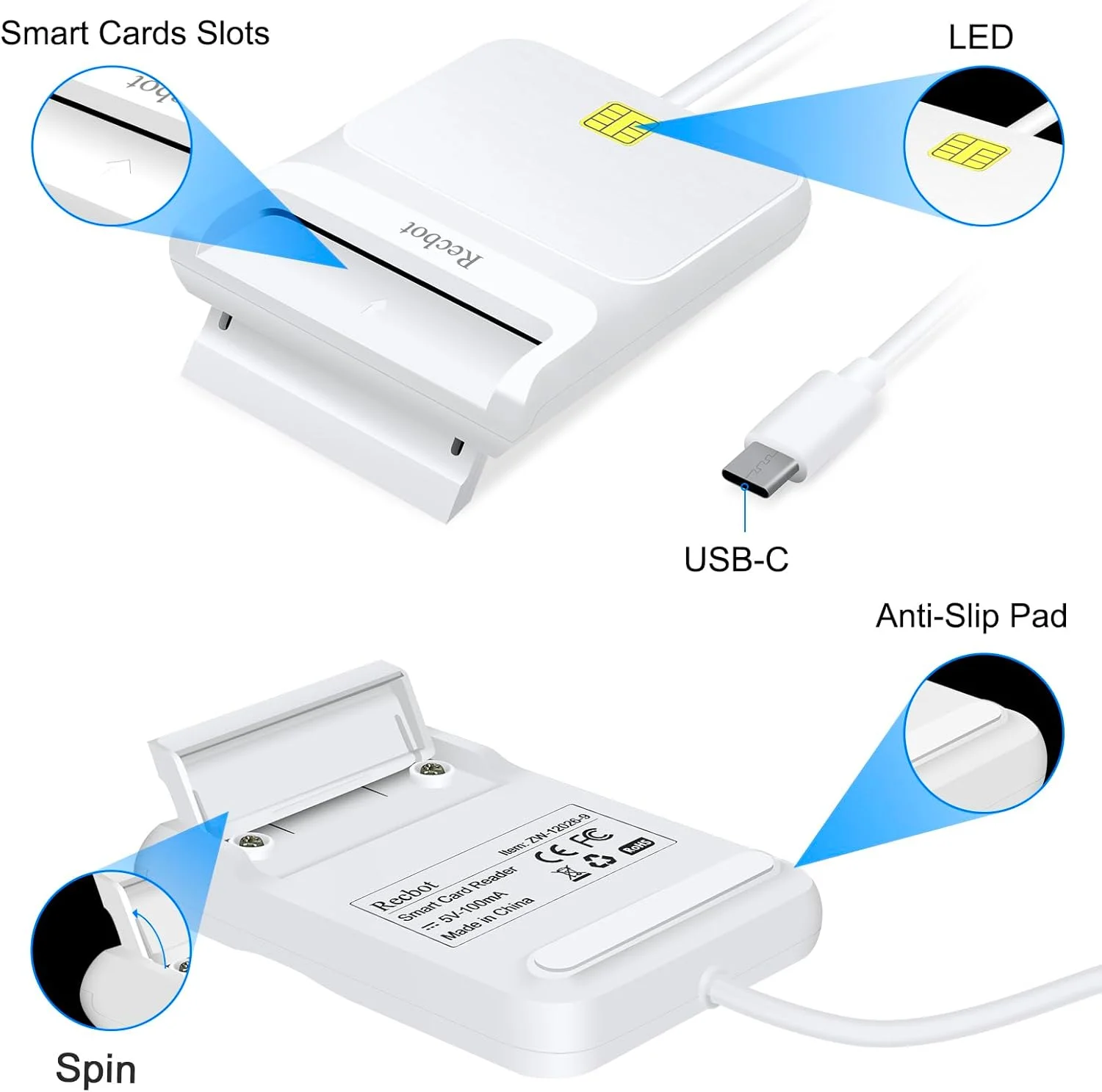 کارت خوان USB C، کارت خوان نظامی DOD، کارت خوان هوشمند USB C، سازگار با ویندوز، مک و لینوکس (سفید)