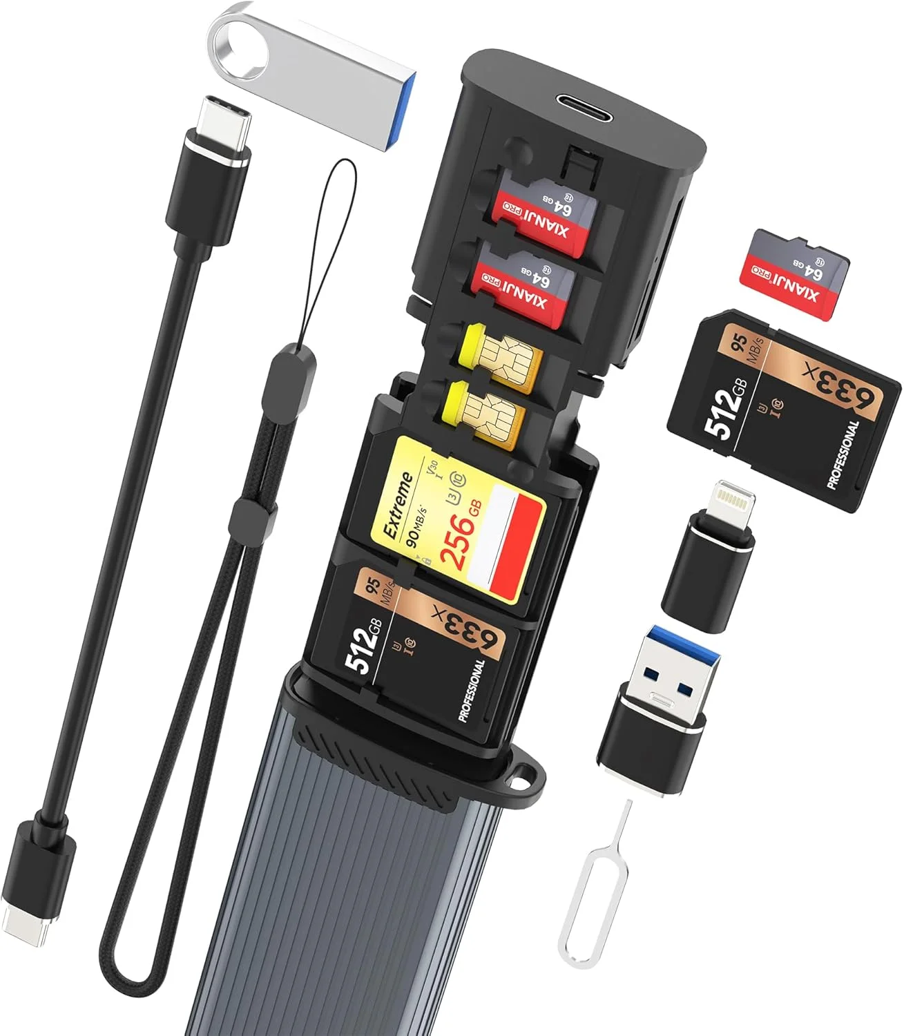 کارت خوان و جعبه نگهداری کارت حافظه SD/TF مدل 9 در 1 به همراه کابل USB-C و آداپتور لایتنینگ/USB A - نگهدارنده کارت حافظه قابل حمل برای دوربین ها، تلفن ها، کامپیوترها و پهپادها، دارای چراغ LED