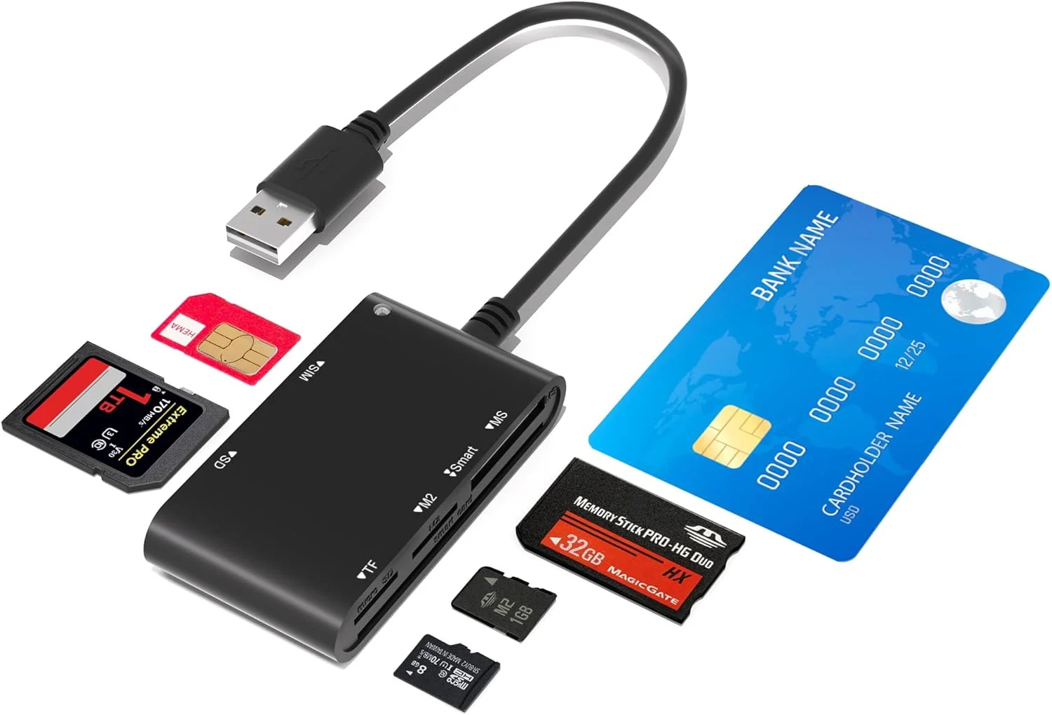 کارت خوان سیم کارت CAC، کارت خوان هوشمند نظامی، آداپتور کارت USB 6 در 1 DOD نظامی برای کارت های Common Access/SIM/SD/TF/MS/M2/ID/IC، آداپتور سیم کارت USB A سازگار با ویندوز، لینوکس/یونیکس، MacOS X