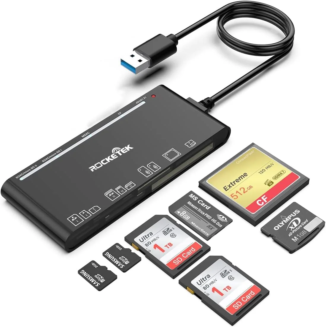 کارت خوان چند منظوره XD، کارت خوان/نویسنده/هاب حافظه 7 در 1 USB 3.0 با سرعت 5 گیگابیت بر ثانیه برای کارت های SD SDXC SDHC CF CFI TF Micro SD Micro SDXC Micro SDHC MS MMC UHS-I، سازگار با ویندوز/لینوکس/مک OS