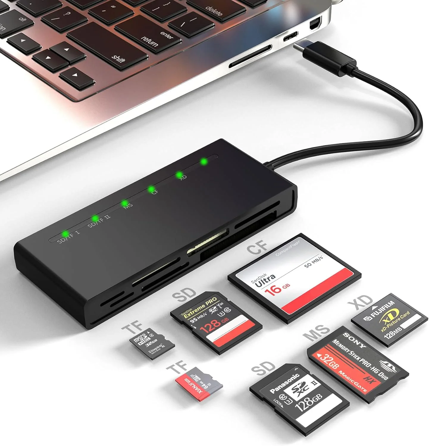 کارت خوان چند منظوره USB C، کارت خوان پر سرعت 7 در 1 برای کارت های حافظه SD/TF/CF/XD/MS Type-C 5Gps، مناسب برای کارت های SDXC SDHC TF Micro SD CF MS MMC، آداپتور Sony Memory Stick Pro Duo، قابلیت خواندن 5 کارت به طور همزمان