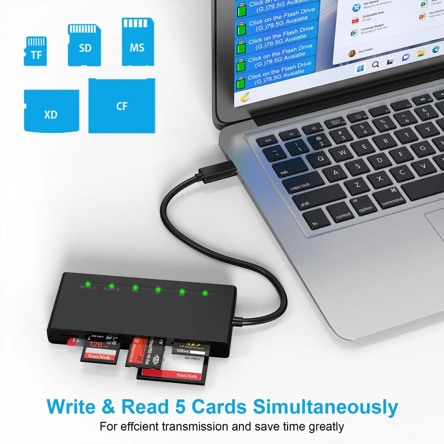 کارت خوان چند منظوره USB C، کارت خوان پر سرعت 7 در 1 برای کارت های حافظه SD/TF/CF/XD/MS Type-C 5Gps، مناسب برای کارت های SDXC SDHC TF Micro SD CF MS MMC، آداپتور Sony Memory Stick Pro Duo، قابلیت خواندن 5 کارت به طور همزمان کارت خوان چند منظوره USB C، کارت خوان پر سرعت 7 در 1 برای کارت های حافظه SD/TF/CF/XD/MS Type-C 5Gps، مناسب برای کارت های SDXC SDHC TF Micro SD CF MS MMC، آداپتور Sony Memory Stick Pro Duo، قابلیت خواندن 5 کارت به طور همزمان