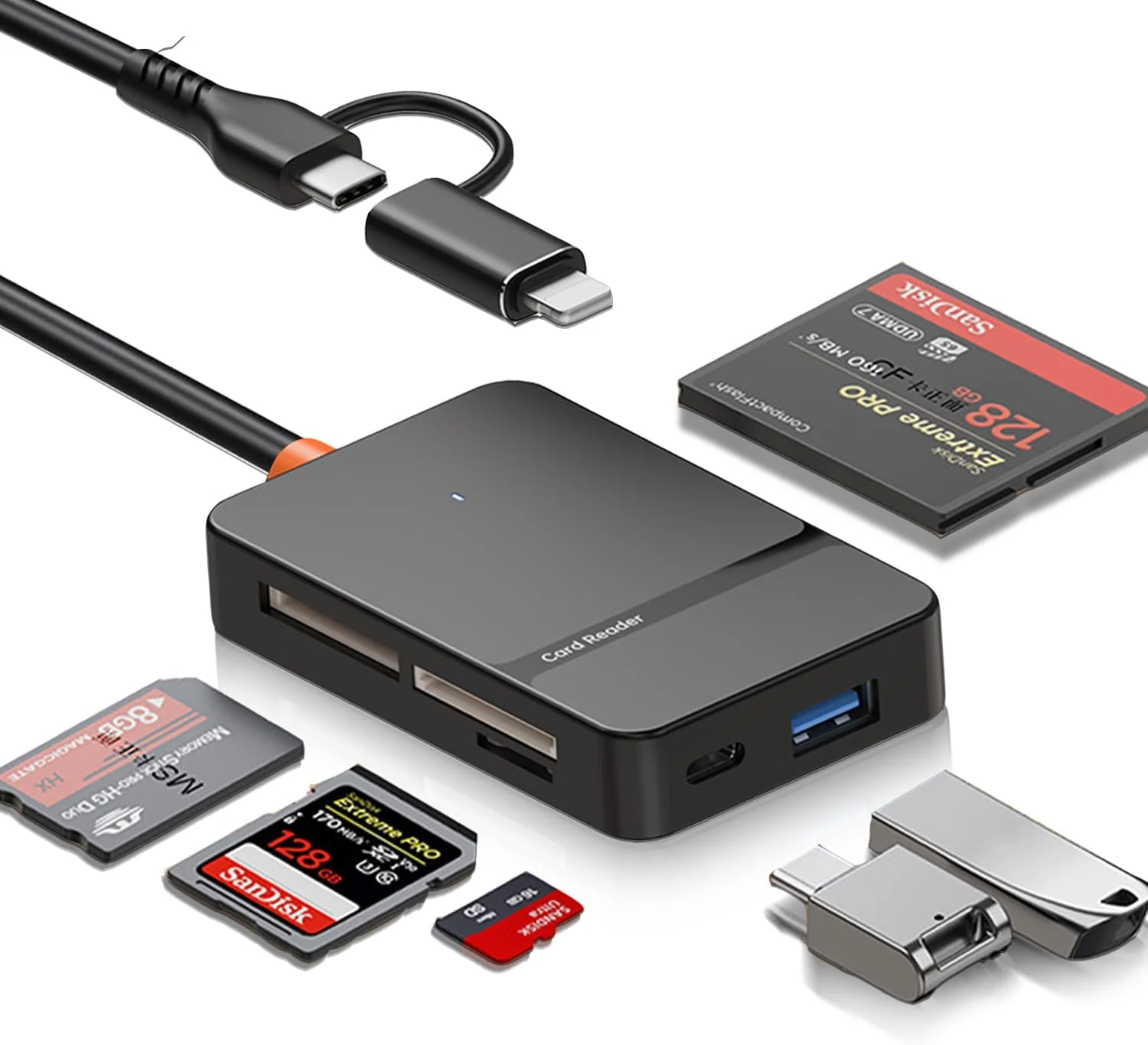 کارت خوان SD برای آیفون، آیپد، مک بوک، 6 در 2 با دو شاخه USB C به SD/Micro SD/MS/CF کارت خوان حافظه با USB 3.0 OTG