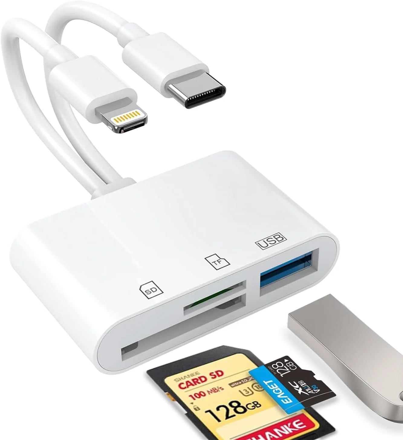 کارت خوان SD برای آیفون، آیپد، USB C و لایتنینگ با پورت دوگانه، آداپتور کارت حافظه برای آداپتور دوربین، پشتیبانی از SD، Micro SD، USB 3.0، بدون نیاز به برنامه یا درایور