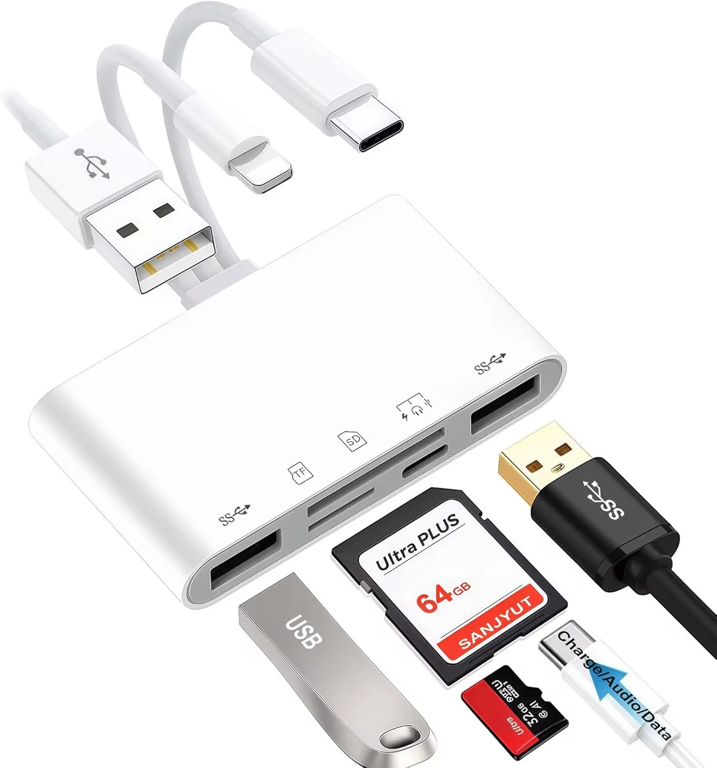 کارت خوان SD برای آیفون/آیپد/اندروید، آداپتور کارت حافظه 7 در 1 USB-A و USB C و لایتنینگ و آداپتور دوربین USB با شارژ سریع PD، کارت خوان میکرو SD برای آیفون 17/16/15/14/13/12