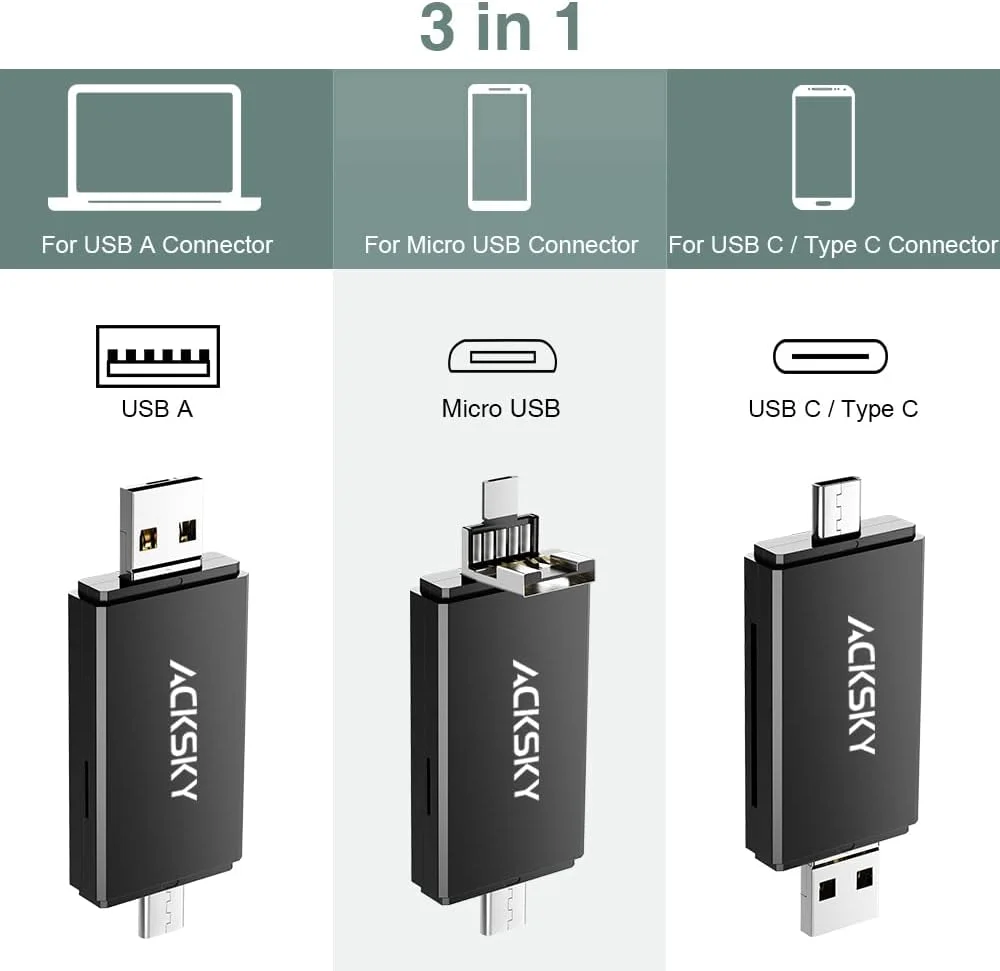 کارت خوان حافظه 3 در 1 SD - Type-C/USB-A/Micro USB، کارت خوان حافظه دوگانه برای مک بوک/کامپیوتر/اندروید/تلفن/دوربین/لپ تاپ/گلکسی/کروم بوک، آداپتور کارت Micro SD پشتیبانی از SD/SDHC/SDXC/MMC کارت خوان حافظه 3 در 1 SD - Type-C/USB-A/Micro USB، کارت خوان حافظه دوگانه برای مک بوک/کامپیوتر/اندروید/تلفن/دوربین/لپ تاپ/گلکسی/کروم بوک، آداپتور کارت Micro SD پشتیبانی از SD/SDHC/SDXC/MMC