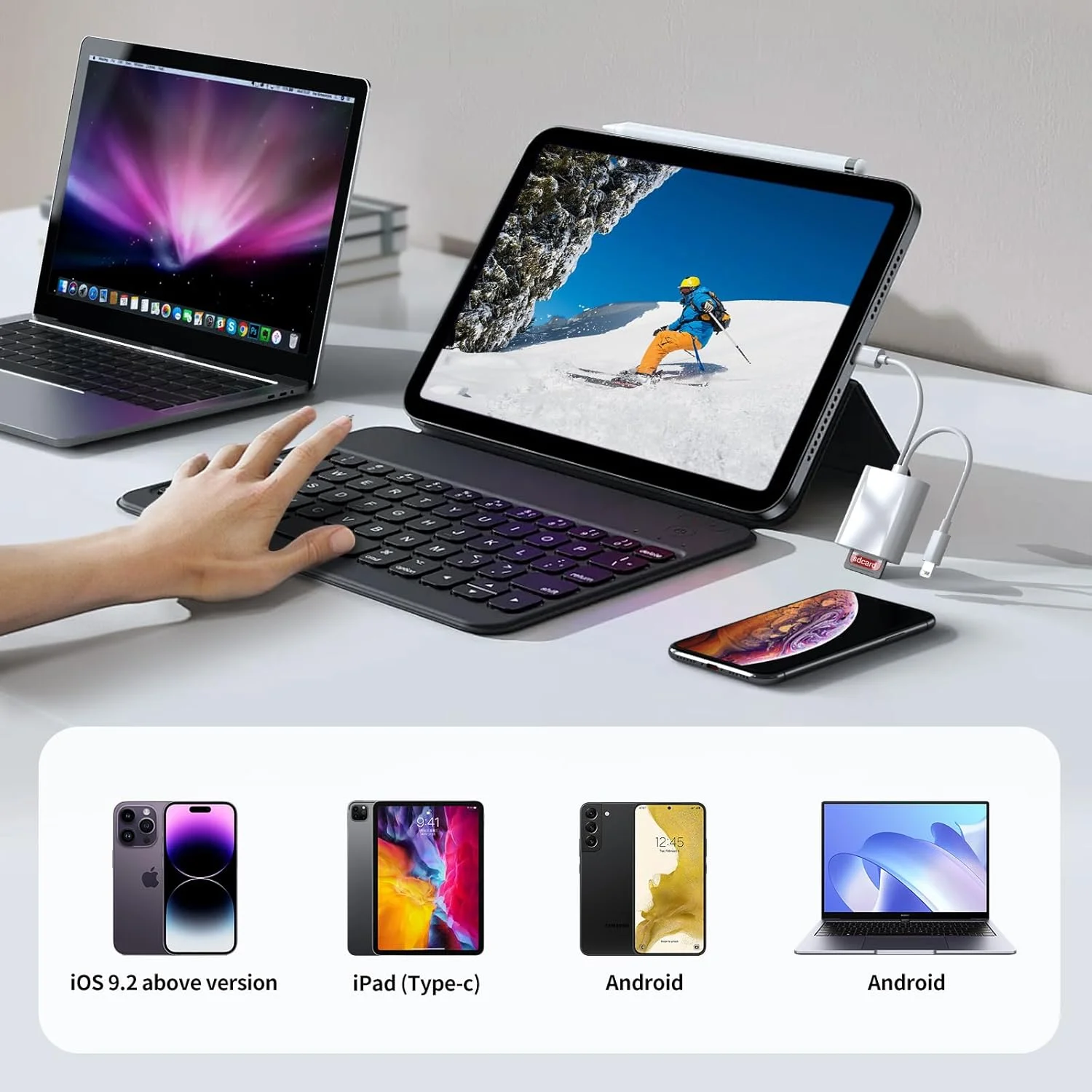 کارت خوان SD برای آیفون و آیپد، کانکتور دوگانه (لایتنینگ و USB-C)، کارت خوان حافظه میکرو SD، آداپتور کارت SD و TF دو در یک، نمایشگر دوربین قابل حمل، بدون نیاز به درایور، اتصال و پخش کارت خوان SD برای آیفون و آیپد، کانکتور دوگانه (لایتنینگ و USB-C)، کارت خوان حافظه میکرو SD، آداپتور کارت SD و TF دو در یک، نمایشگر دوربین قابل حمل، بدون نیاز به درایور، اتصال و پخش