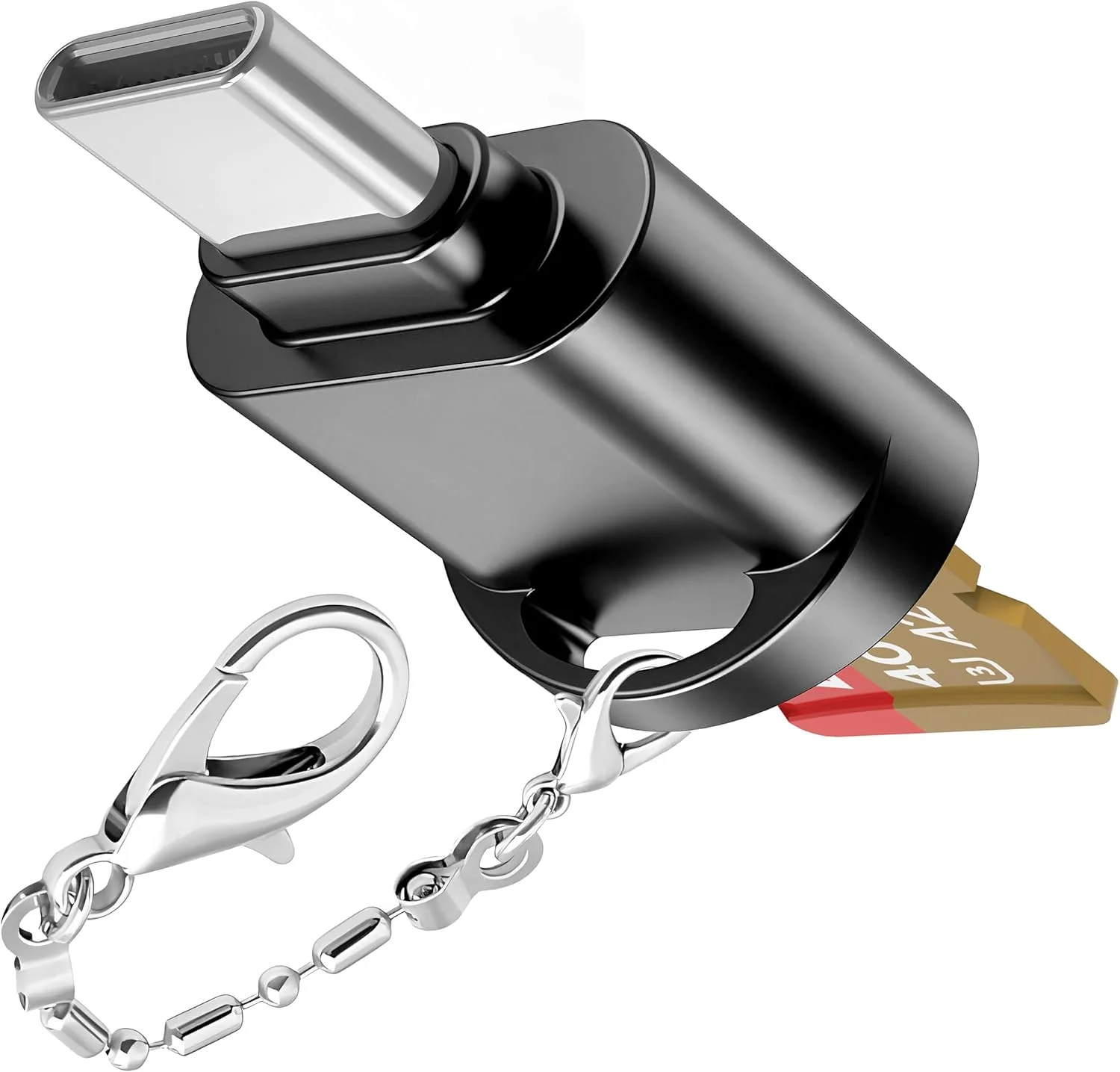 کارت خوان میکرو SD با پورت USB-C برای گوشی اندروید، دوربین، لپ تاپ با جاکلیدی، کارت خوان کوچک فلزی Type-C (مشکی)