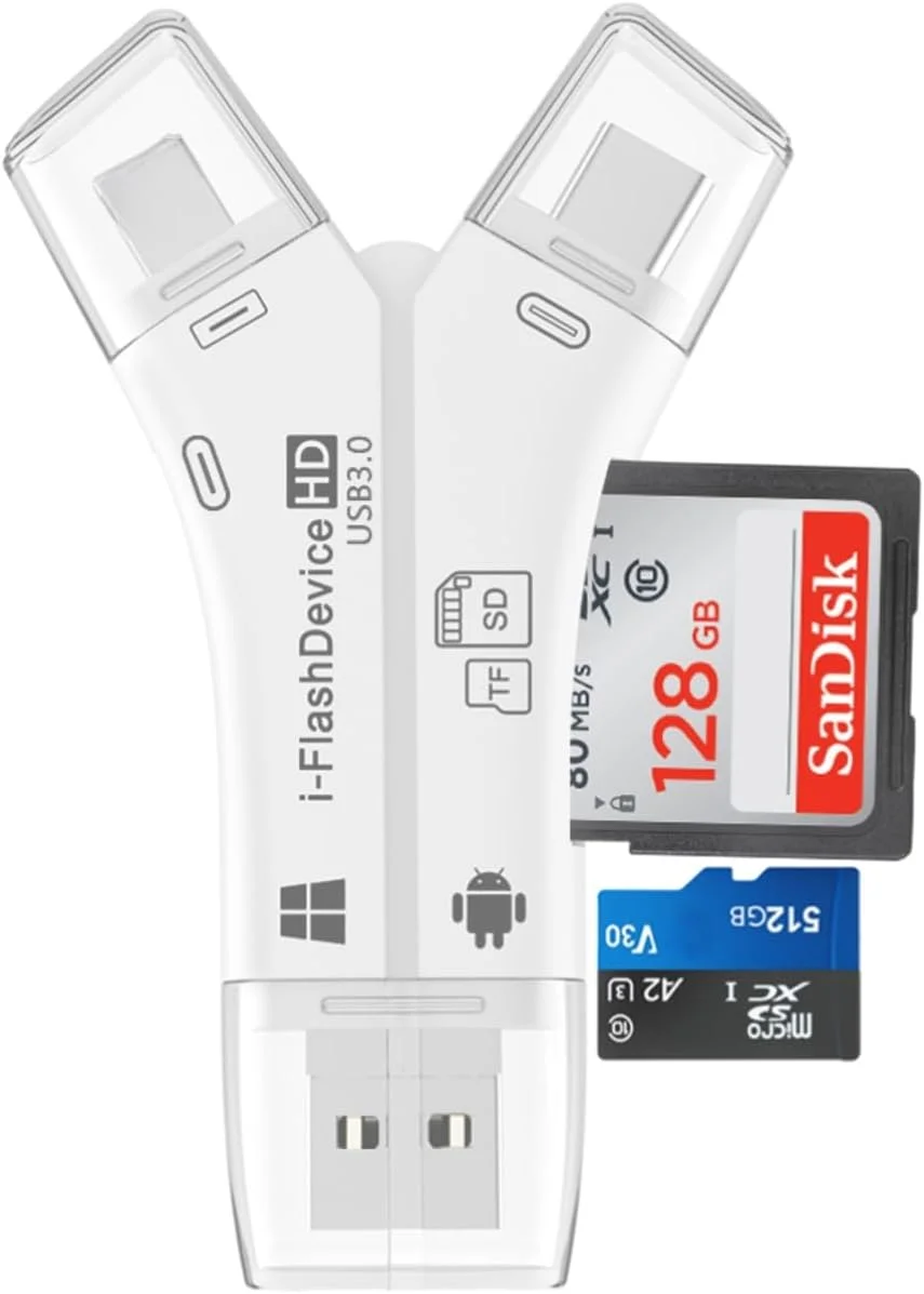 کارت خوان 4 در 1 USB 3.0 SD/Micro SD برای آیفون، آیپد، اندروید، مک، کامپیوتر، دوربین، نمایشگر دوربین تریل، آداپتور کارت حافظه قابل حمل برای شارژ آیفون/آیپد (سفید)
