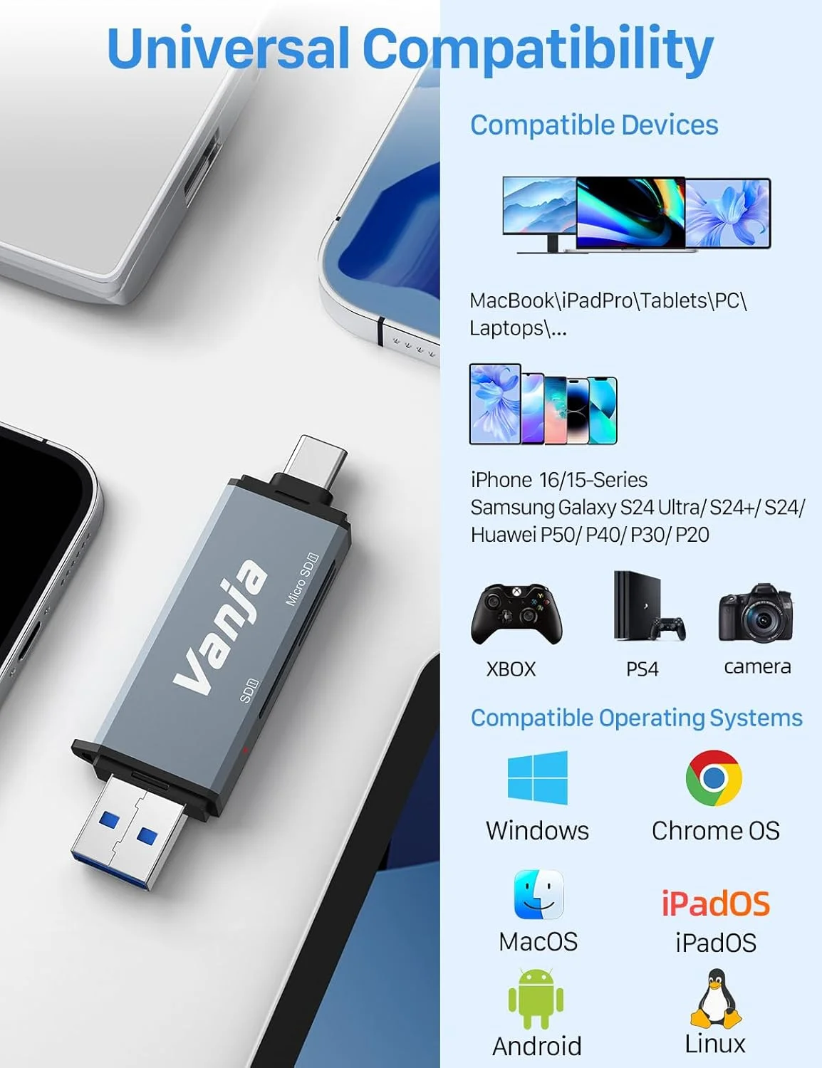 کارت خوان حافظه ونیا USB C، آداپتور دوگانه USB 3.0 برای میکرو SD، کارت خوان حافظه برای SD، SDHC، SDXC، MicroSD | سازگار با آیفون 17/16/15، اندروید، ویندوز/macOS کارت خوان حافظه ونیا USB C، آداپتور دوگانه USB 3.0 برای میکرو SD، کارت خوان حافظه برای SD، SDHC، SDXC، MicroSD | سازگار با آیفون 17/16/15، اندروید، ویندوز/macOS