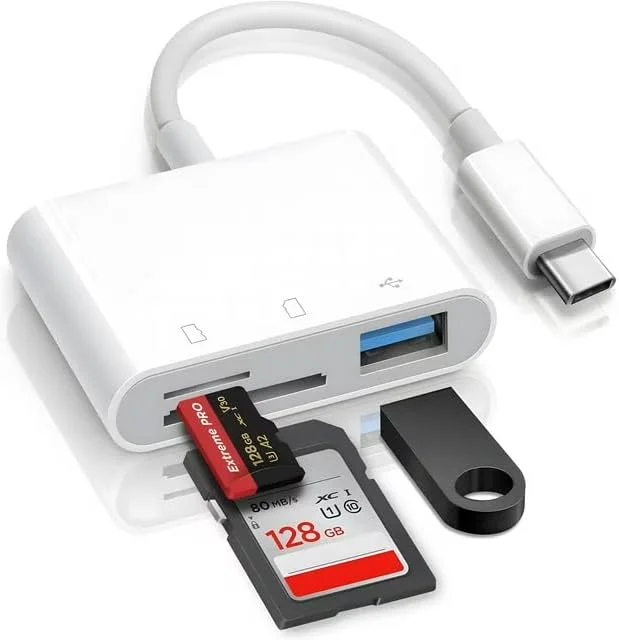 کارت خوان حافظه اس دی USB C برای آیفون 15، آیپد، مک، آداپتور کارت دوربین تریل حافظه USB-C سه در یک با دو اسلات و پورت USB برای مک بوک پرو/ایر/مینی، لپ تاپ اندروید و سایر دستگاه های USBC Typec