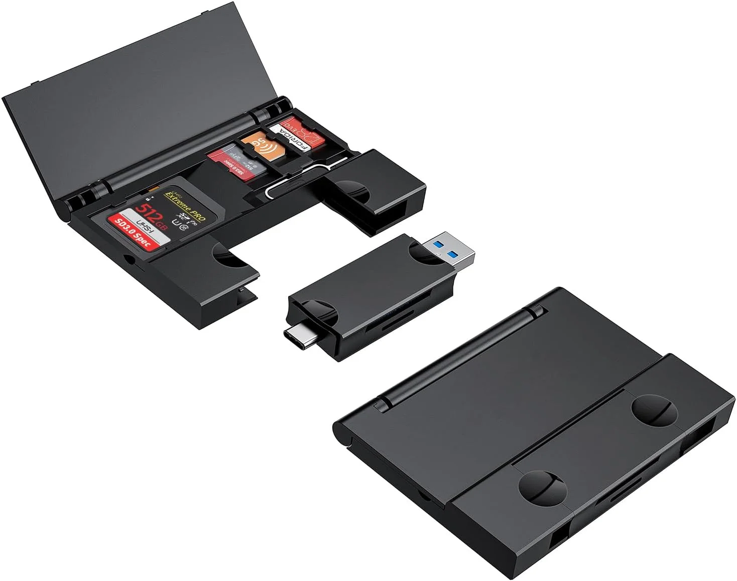 جعبه ذخیره سازی کارت خوان چند منظوره RayCue، جعبه ذخیره سازی کارت حافظه/TF/SD/SIM کارت/پین کارت USB3.0 با سرعت بالا، برای لپ تاپ Type-c، آیفون و غیره، مشکی