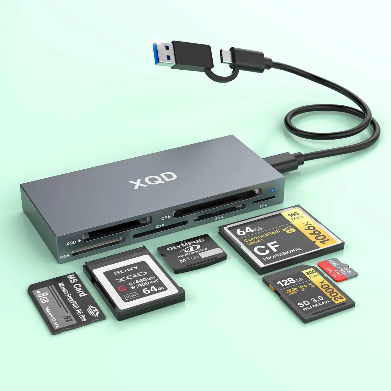 کارت خوان USB 3.0 چند منظوره 8 در 1 USB C/USB A برای کارت های XQD سری Sony G M / Lexar 2933x/1400x Mark XQD/CF/XD/MS/SD/TF، آداپتور کارت حافظه Type C با سرعت 10 گیگابیت بر ثانیه برای ویندوز/مک OS/لینوکس/اندروید کارت خوان USB 3.0 چند منظوره 8 در 1 USB C/USB A برای کارت های XQD سری Sony G M / Lexar 2933x/1400x Mark XQD/CF/XD/MS/SD/TF، آداپتور کارت حافظه Type C با سرعت 10 گیگابیت بر ثانیه برای ویندوز/مک OS/لینوکس/اندروید