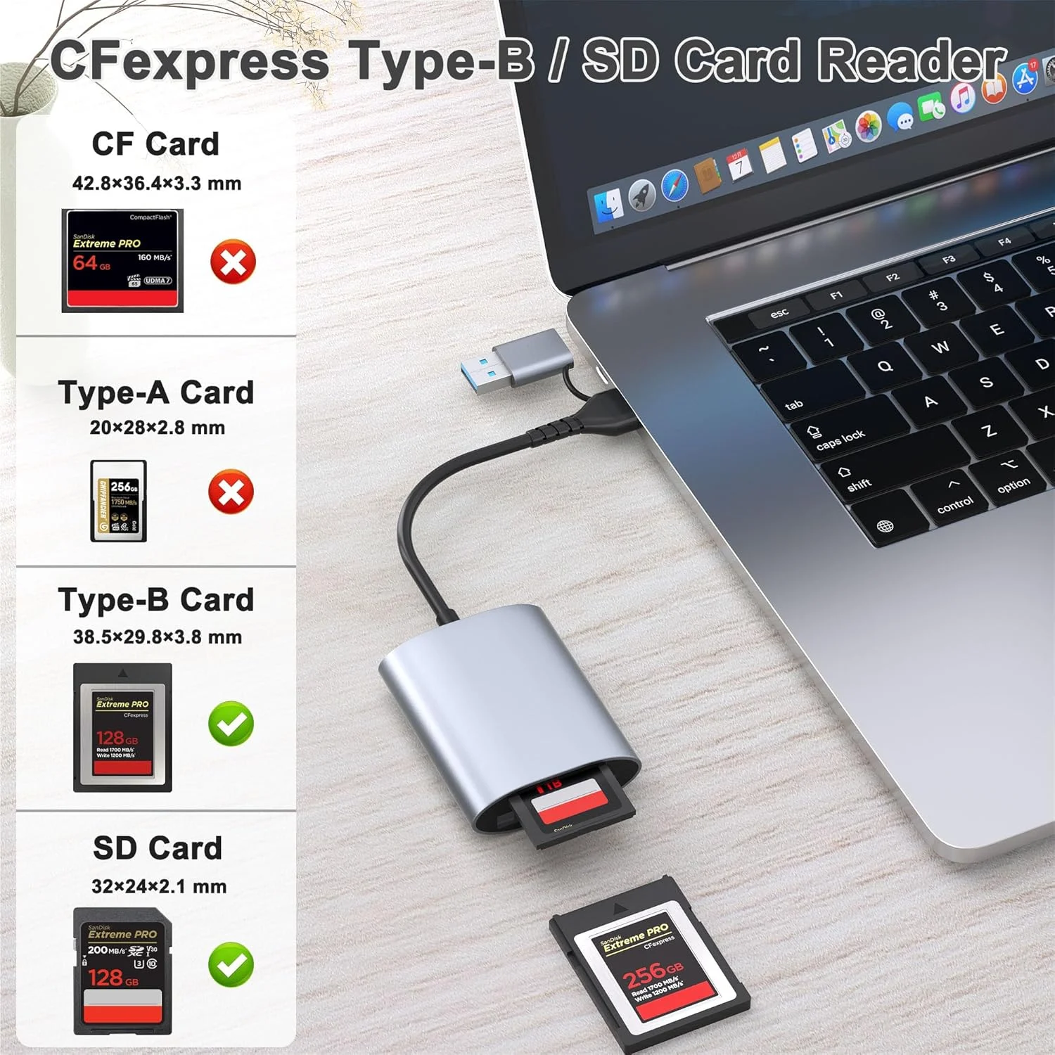 کارت‌خوان حرفه‌ای دوگانه CFexpress Type B و SD با سرعت انتقال USB 3.2 Gen 2 (10 گیگابیت بر ثانیه)، آداپتور کارت CFexpress Type B/SD با USB-C و USB-A 2 در 1