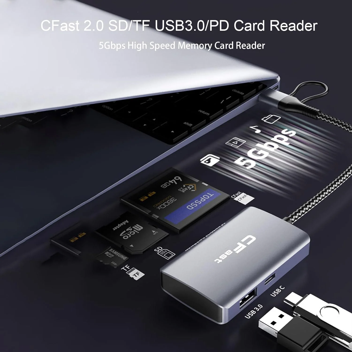 کارت خوان CFast، کارت خوان حافظه 5 در 2 CFast 2.0 SD/TF، آداپتور 5 گیگابیت بر ثانیه PD/USB 3.2 Gen 1 با کابل USB C/USB A سازگار با ویندوز/مک/لینوکس/اندروید (5 در 2)