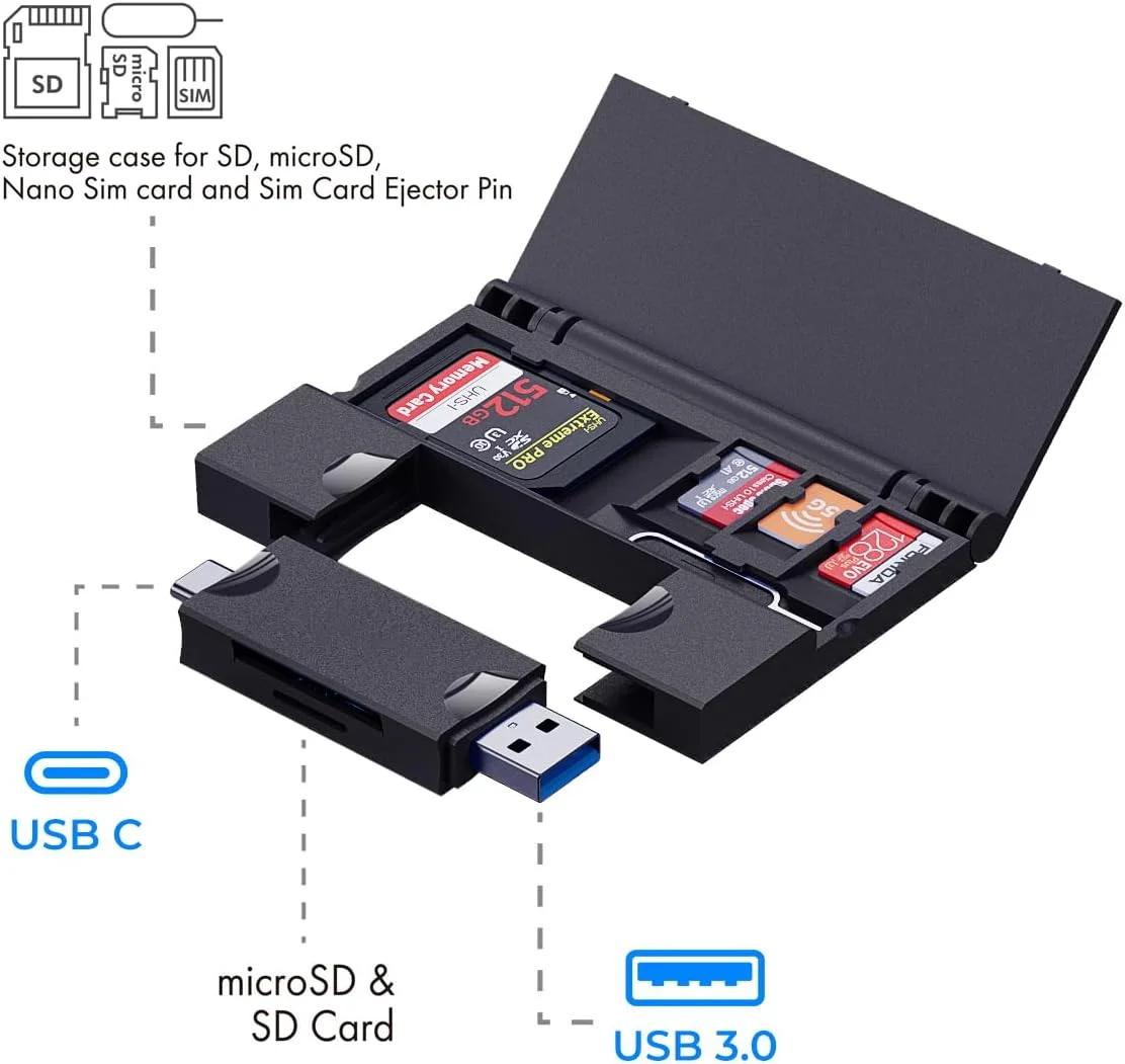جعبه ذخیره سازی کارت خوان چند منظوره RayCue، جعبه ذخیره سازی کارت حافظه/TF/SD/SIM کارت/پین کارت USB3.0 با سرعت بالا، برای لپ تاپ Type-c، آیفون و غیره، مشکی جعبه ذخیره سازی کارت خوان چند منظوره RayCue، جعبه ذخیره سازی کارت حافظه/TF/SD/SIM کارت/پین کارت USB3.0 با سرعت بالا، برای لپ تاپ Type-c، آیفون و غیره، مشکی
