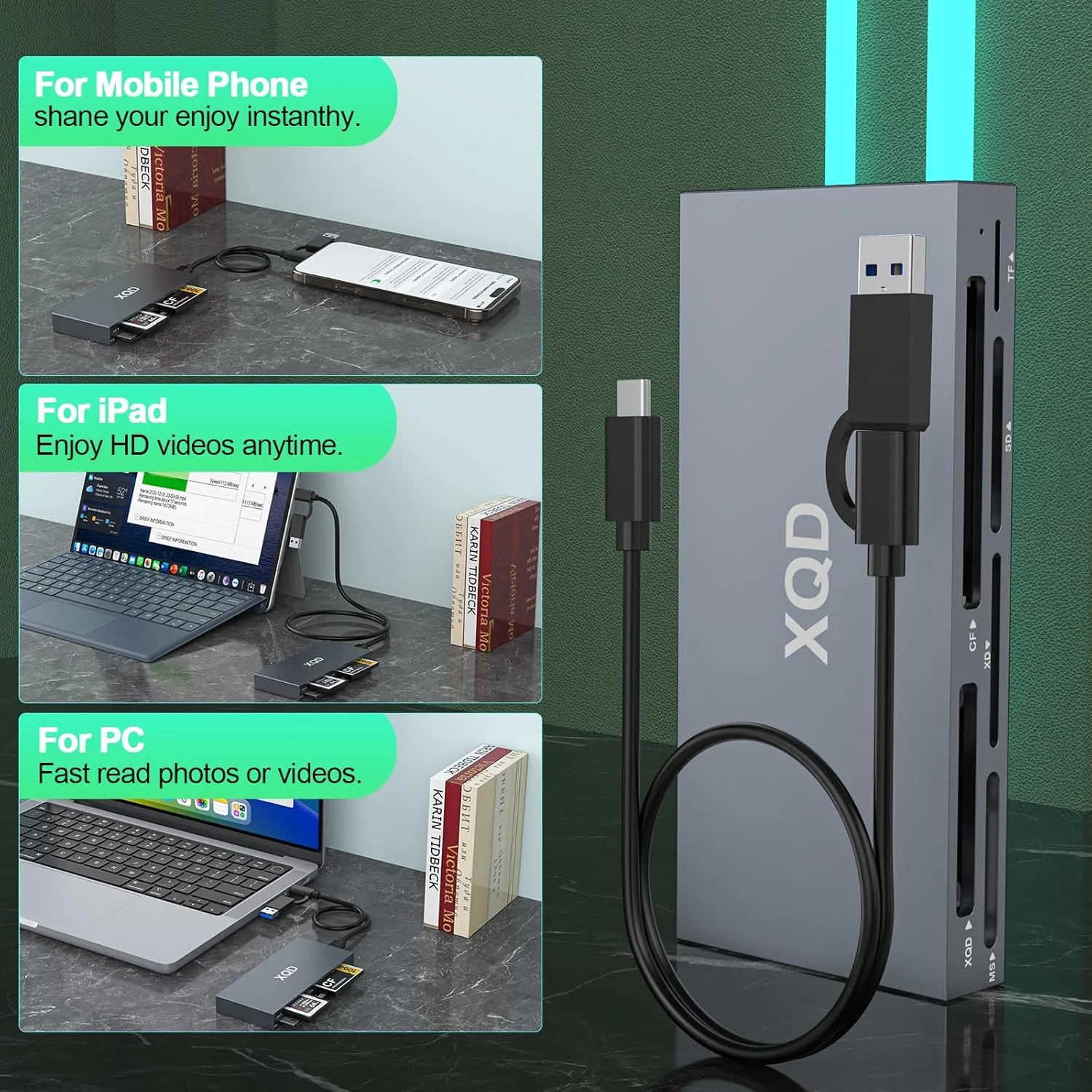 کارت خوان USB 3.0 چند منظوره 8 در 1 USB C/USB A برای کارت های XQD سری Sony G M / Lexar 2933x/1400x Mark XQD/CF/XD/MS/SD/TF، آداپتور کارت حافظه Type C با سرعت 10 گیگابیت بر ثانیه برای ویندوز/مک OS/لینوکس/اندروید