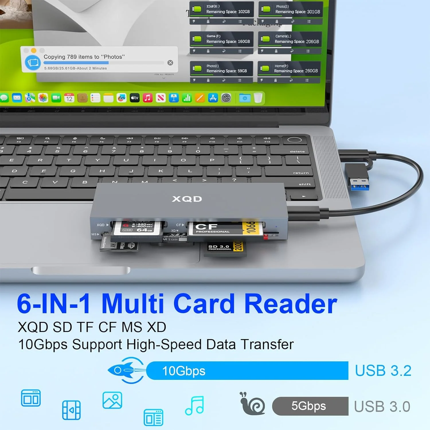 کارت خوان 8 در 1 XQD، کارت خوان چندگانه 10 گیگابیت بر ثانیه برای سری Sony G/M، Lexar 2933x/1400x USB Mark XQD Card/CF/XD/MS/TF/SD Reader، کارت خوان حافظه USB C USB 3.0 برای ویندوز/مک OS/لینوکس/اندروید